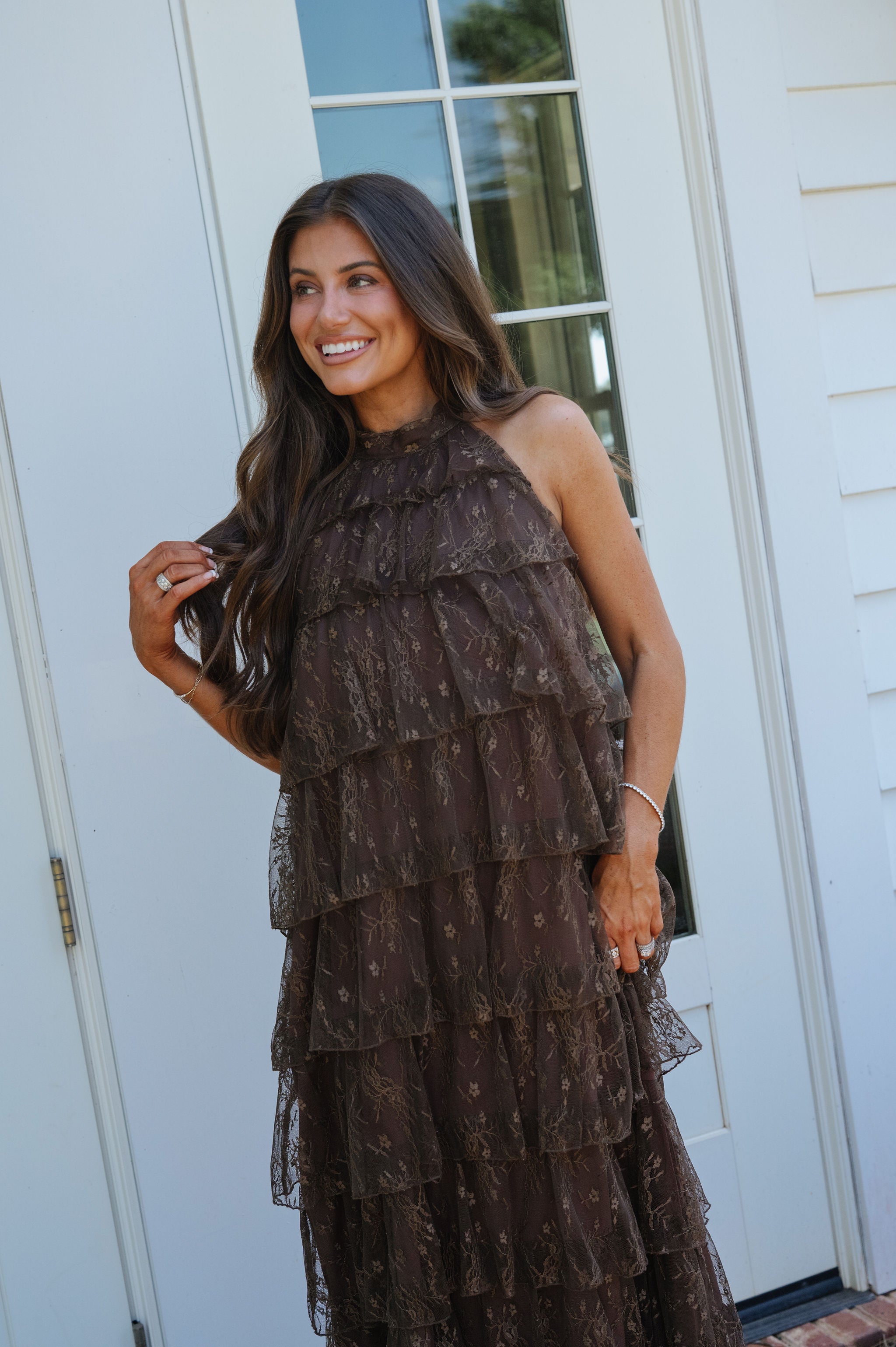 Ally Lace Tiered Halter Maxi Dress-Brown