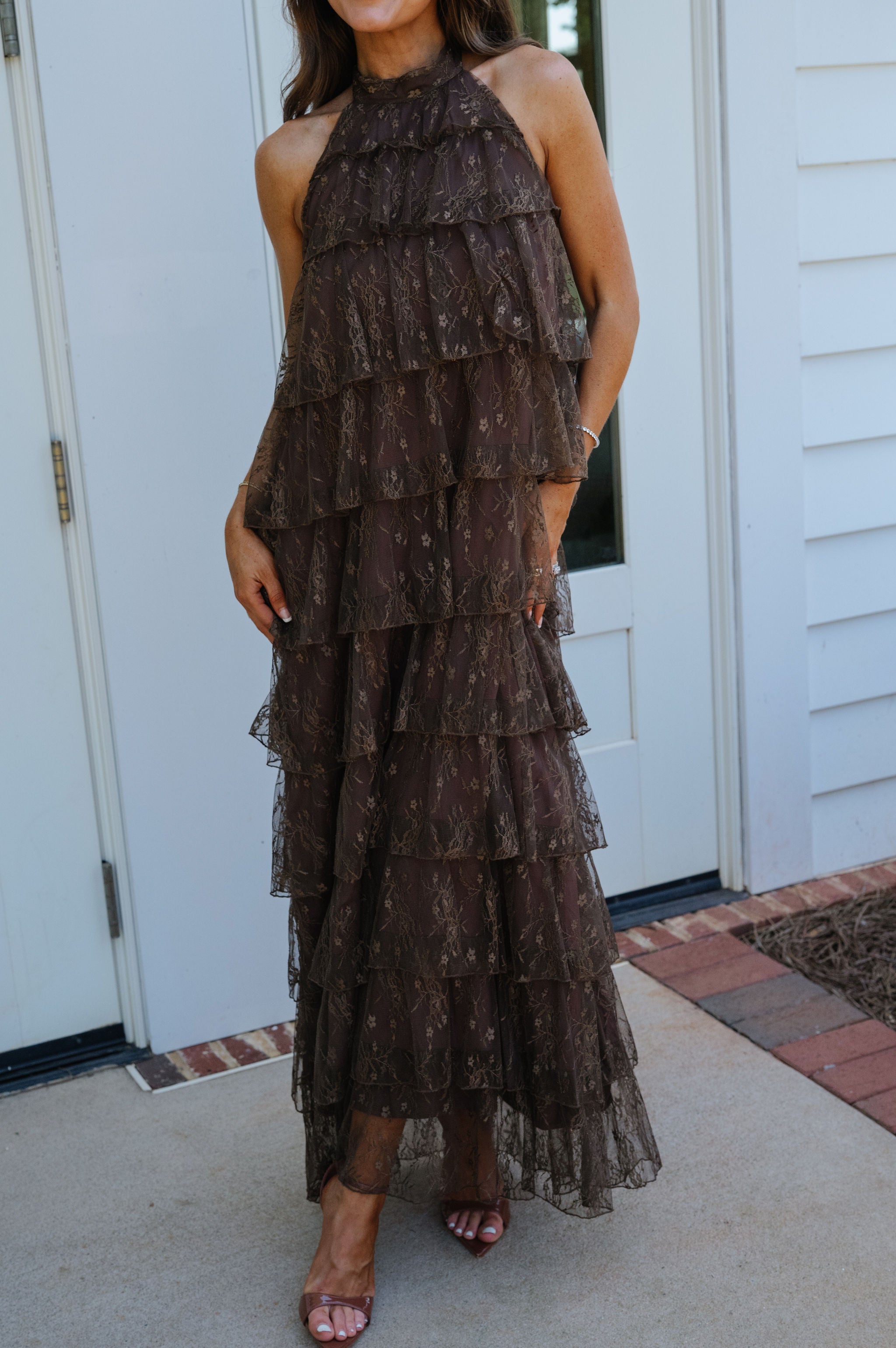 Ally Lace Tiered Halter Maxi Dress-Brown