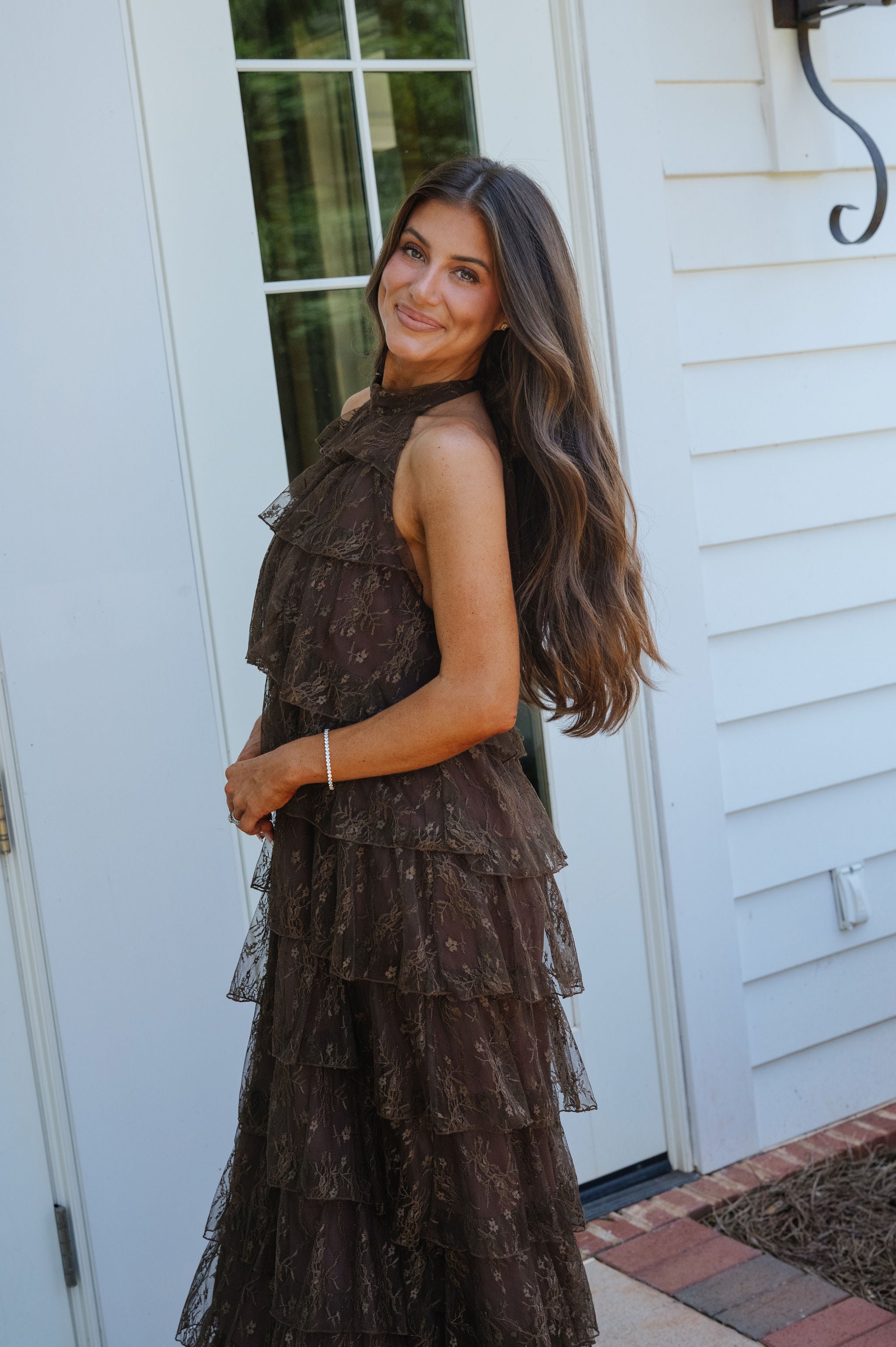 Ally Lace Tiered Halter Maxi Dress-Brown