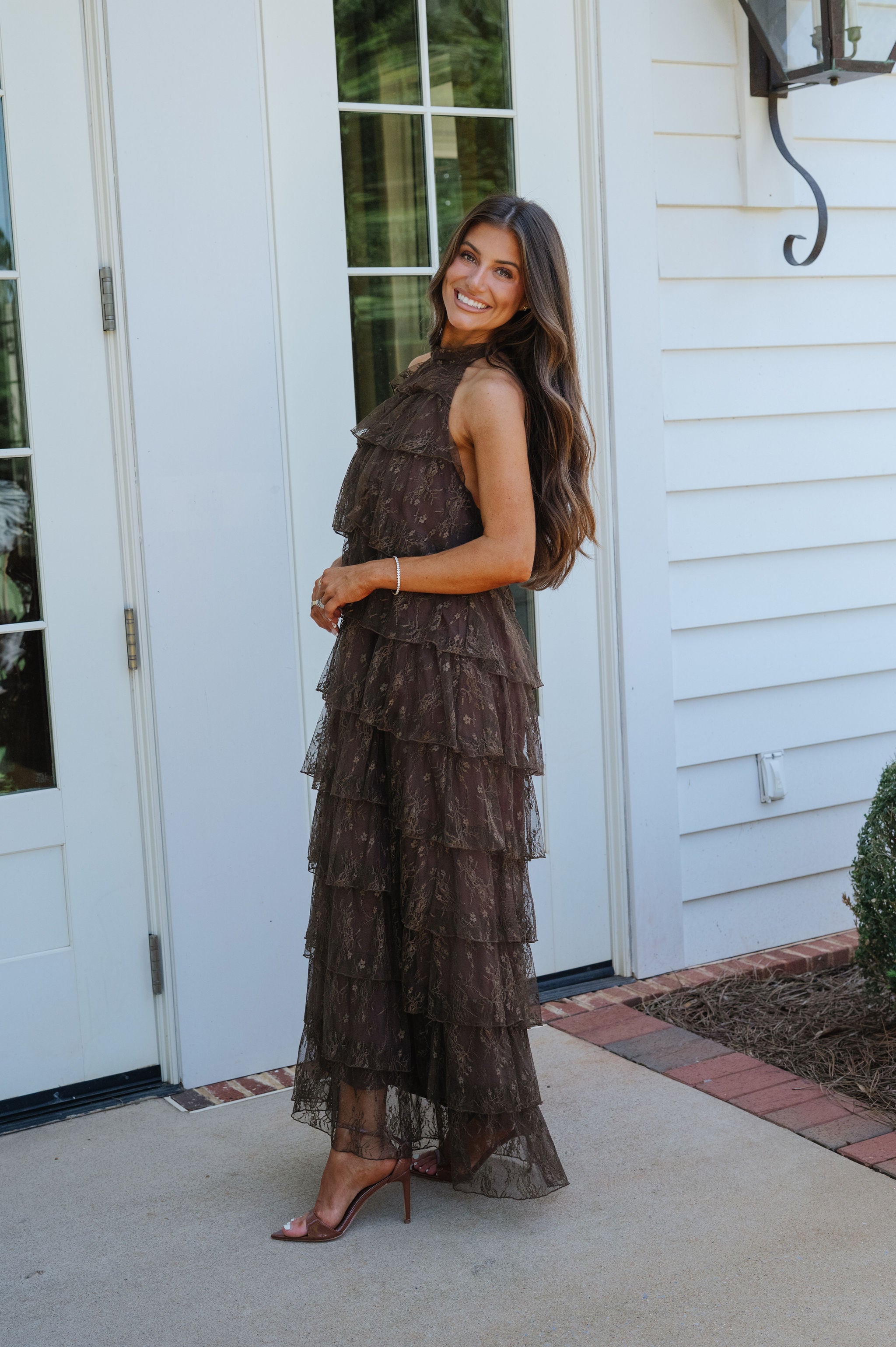 Ally Lace Tiered Halter Maxi Dress-Brown
