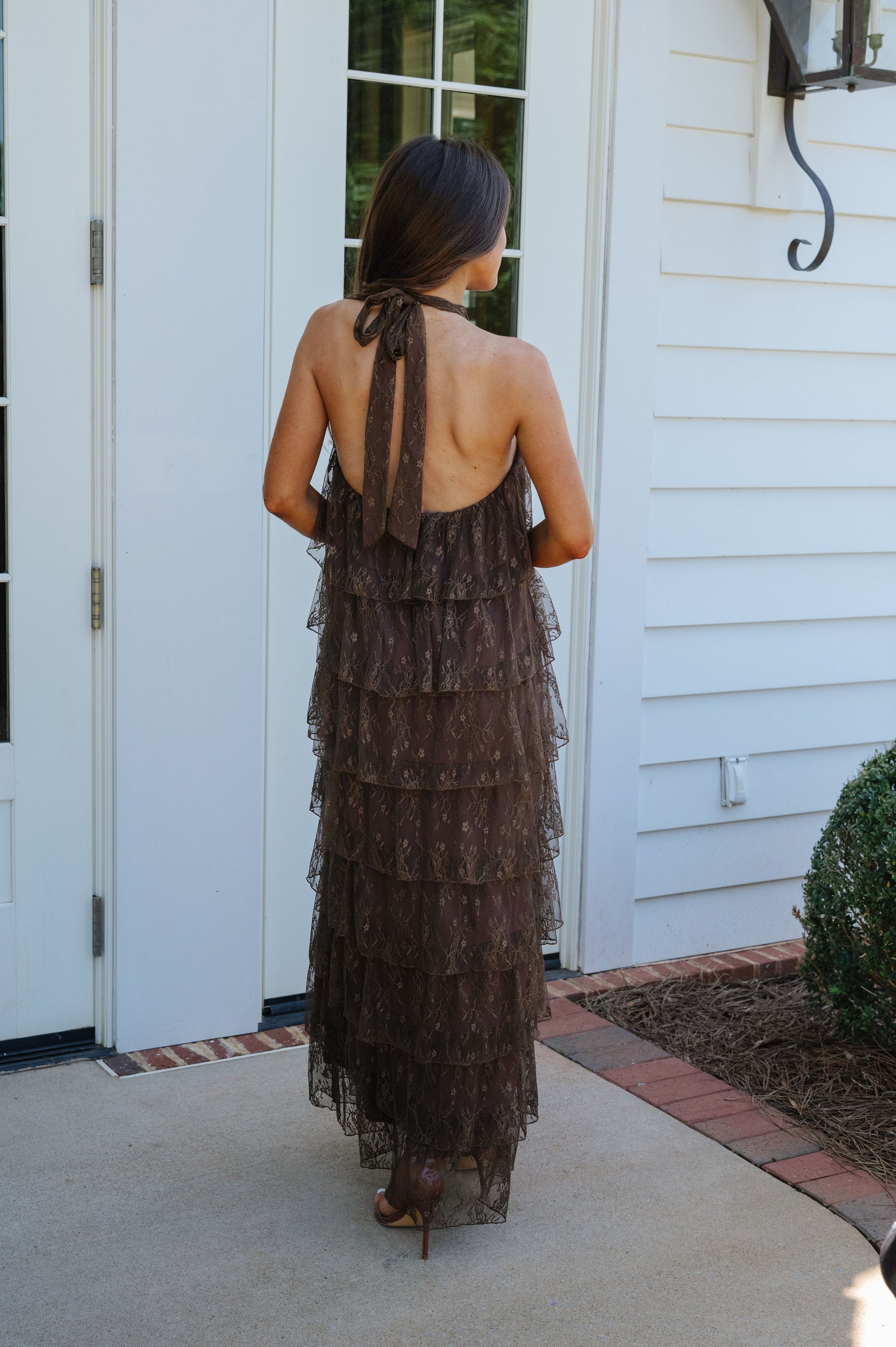 Ally Lace Tiered Halter Maxi Dress-Brown