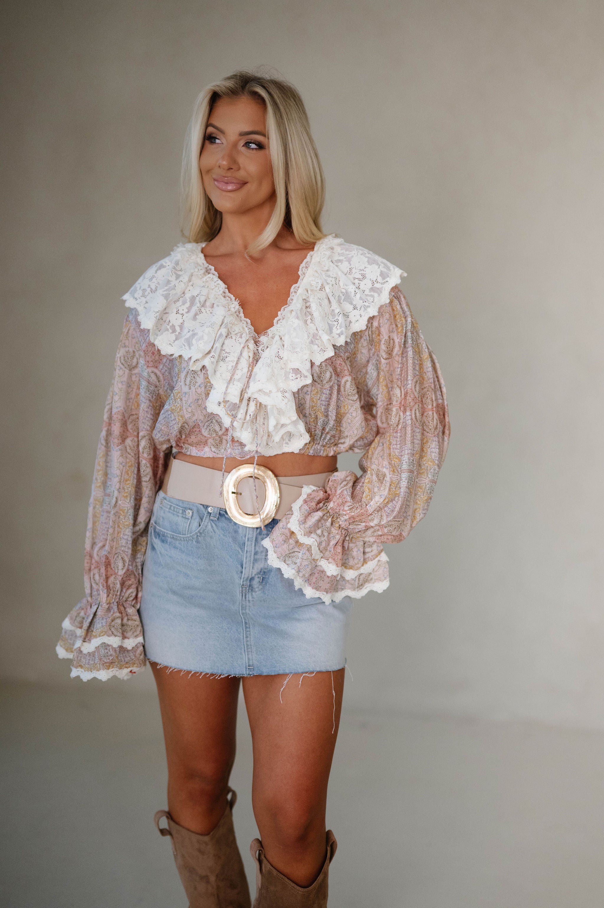 Ella Lace Ruffle Detail Top-Rose Multi