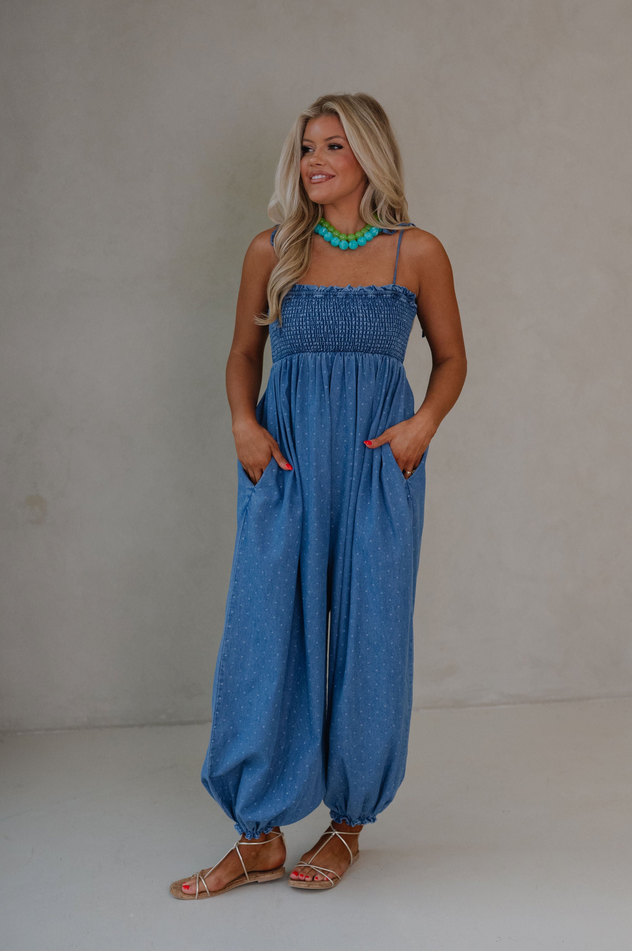 Polka Dot Smocked Jumpsuit-Denim