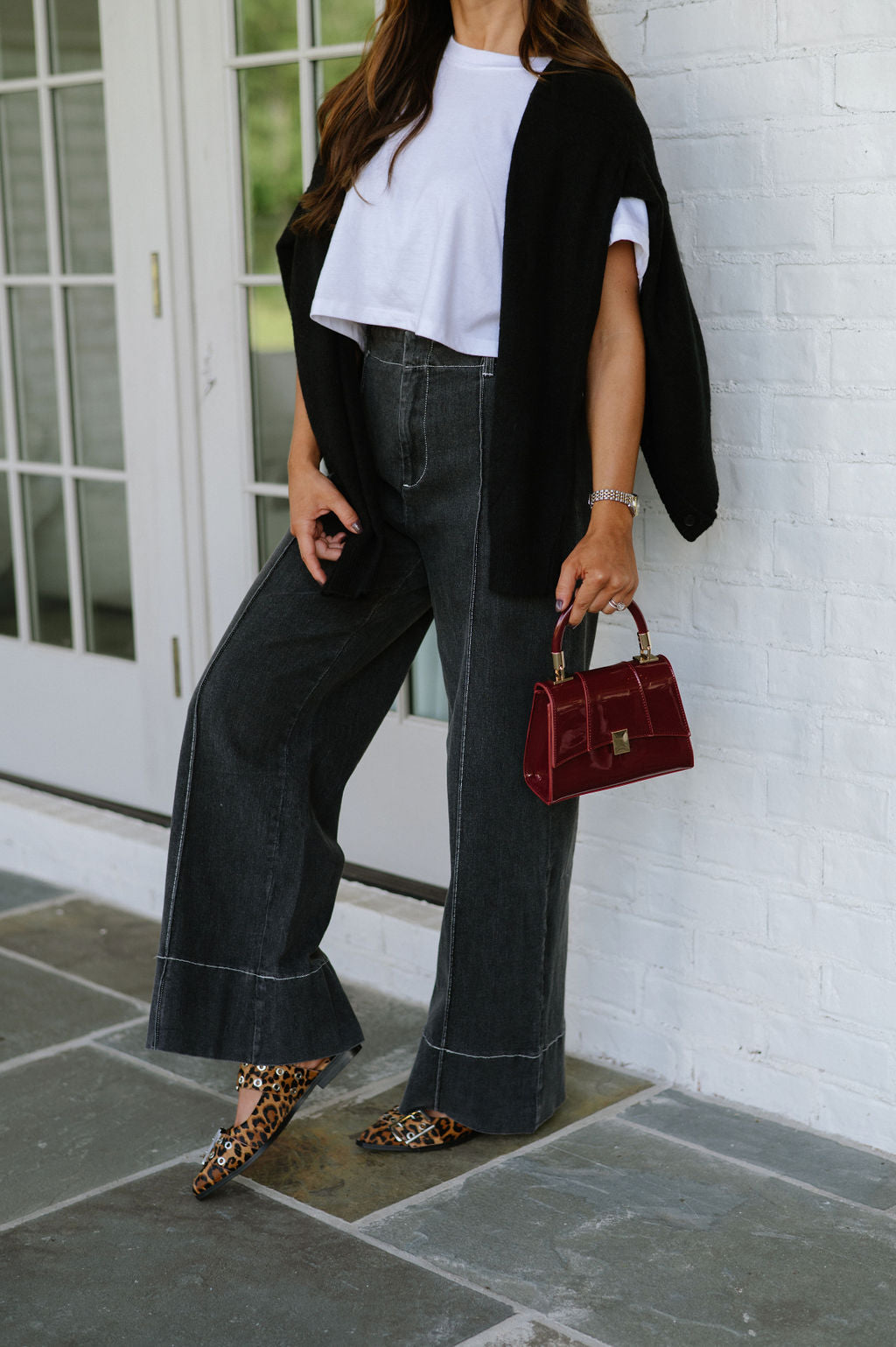 Paneled Wide Leg Denim Pants-Washed Black