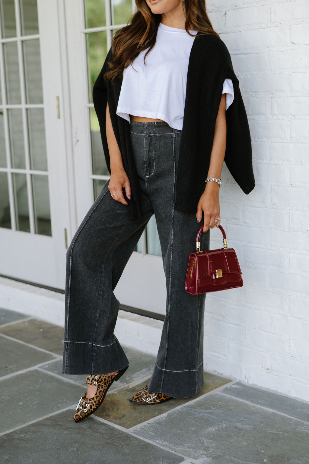 Paneled Wide Leg Denim Pants-Washed Black