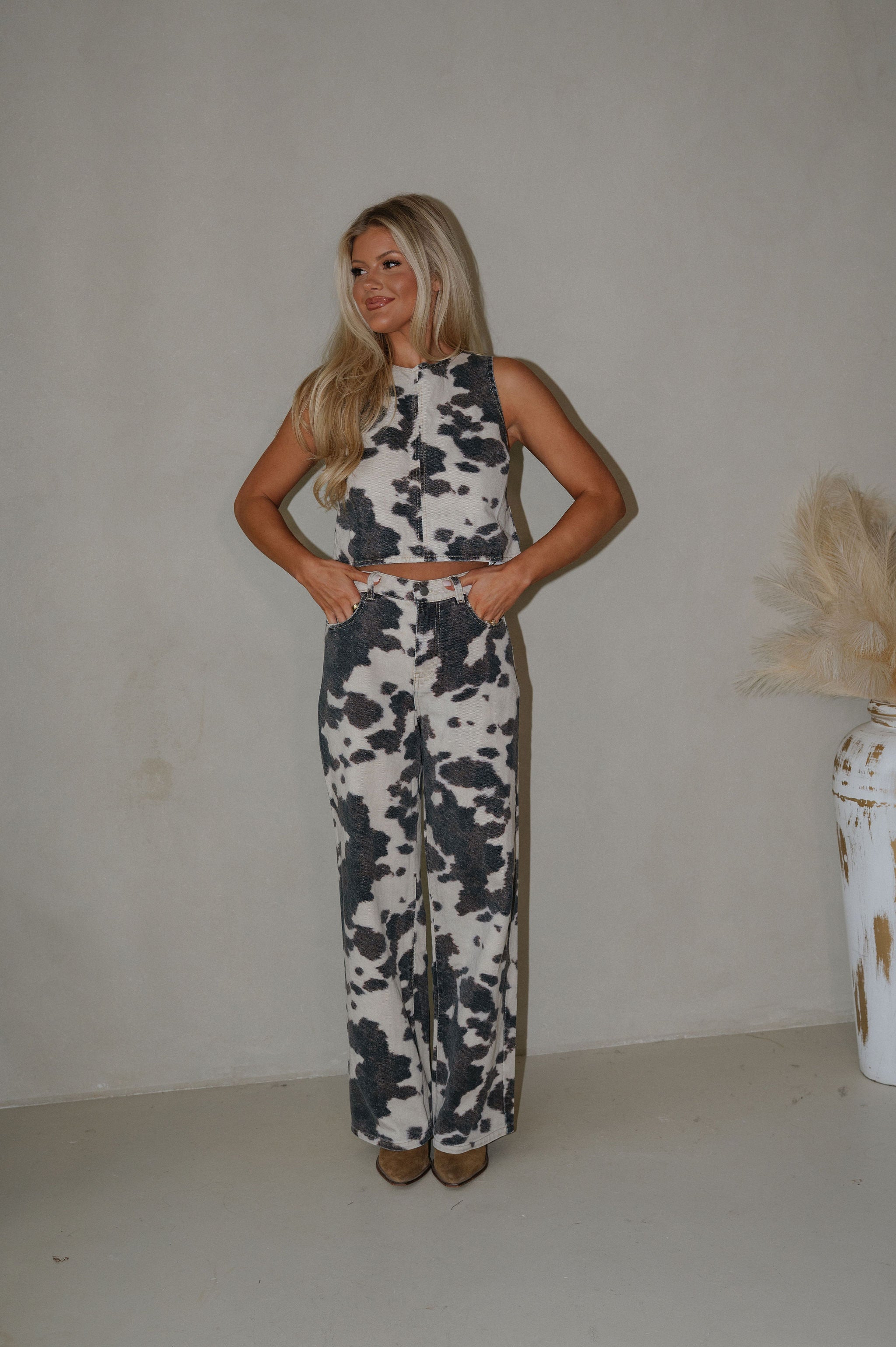 Tucker Cow Print Pants Set-Brown