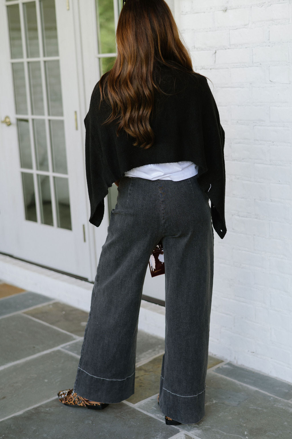 Paneled Wide Leg Denim Pants-Washed Black