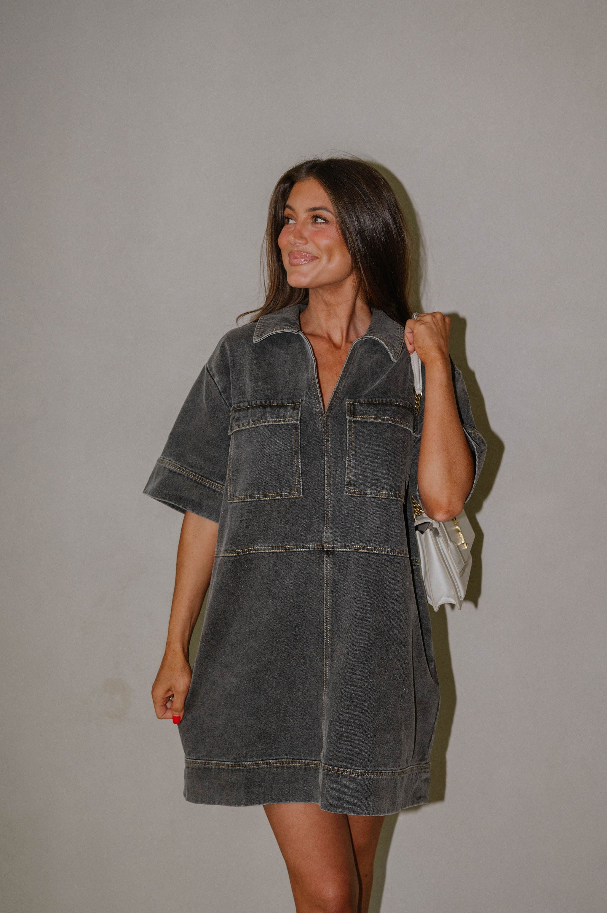 Denim Pocketed Shirt Dress-Grey Wash