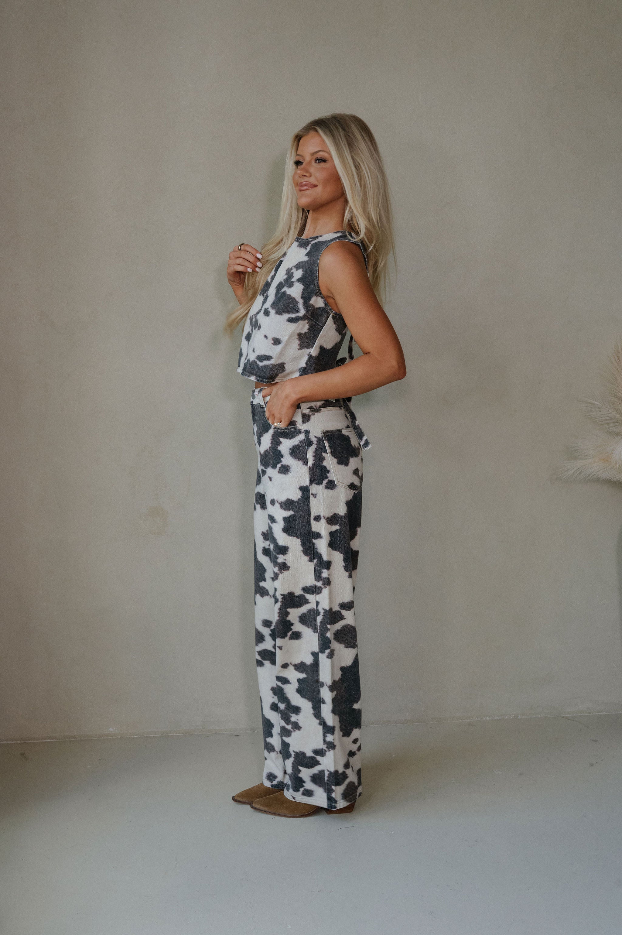 Tucker Cow Print Pants Set-Brown
