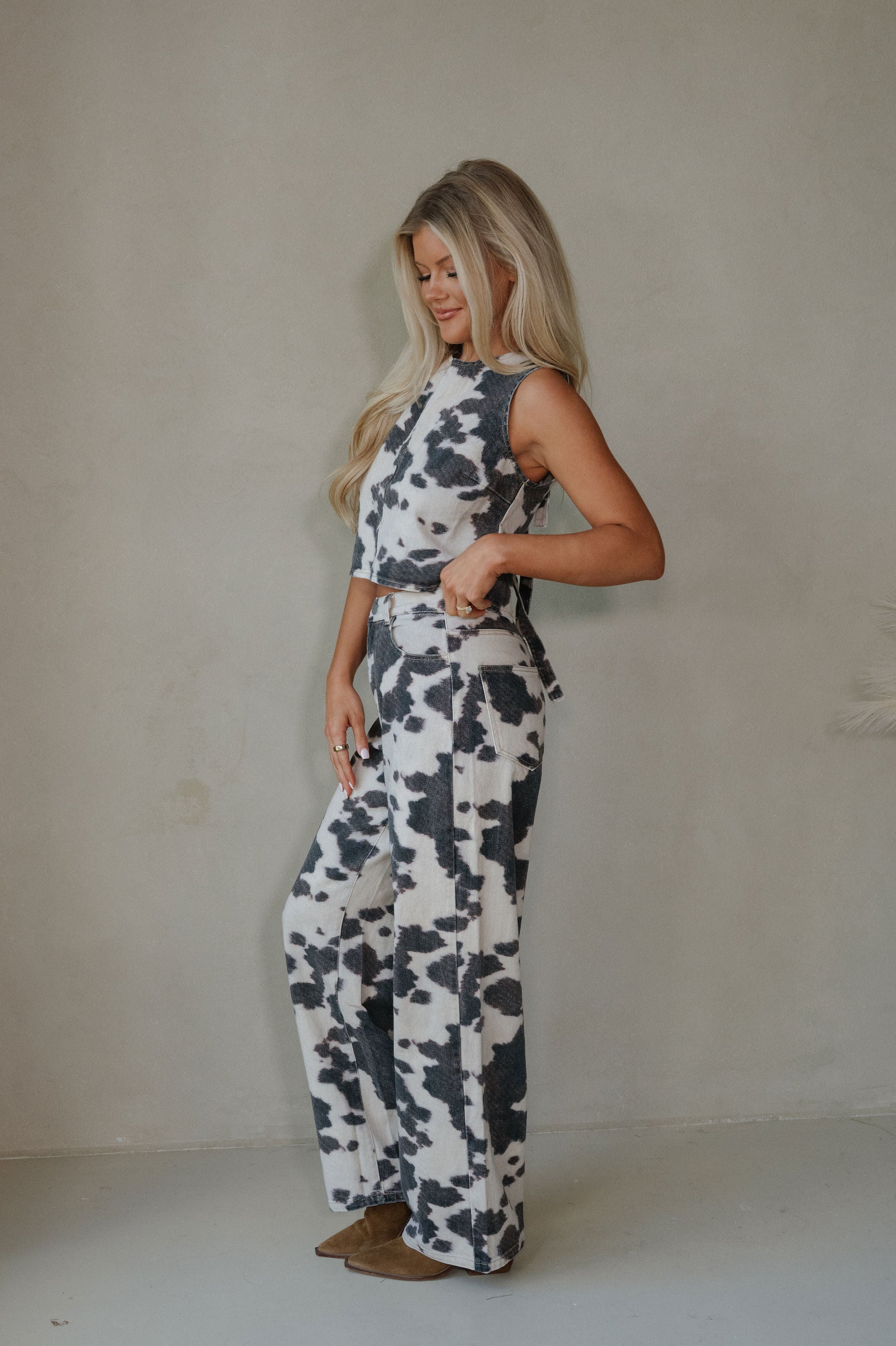 Tucker Cow Print Pants Set-Brown