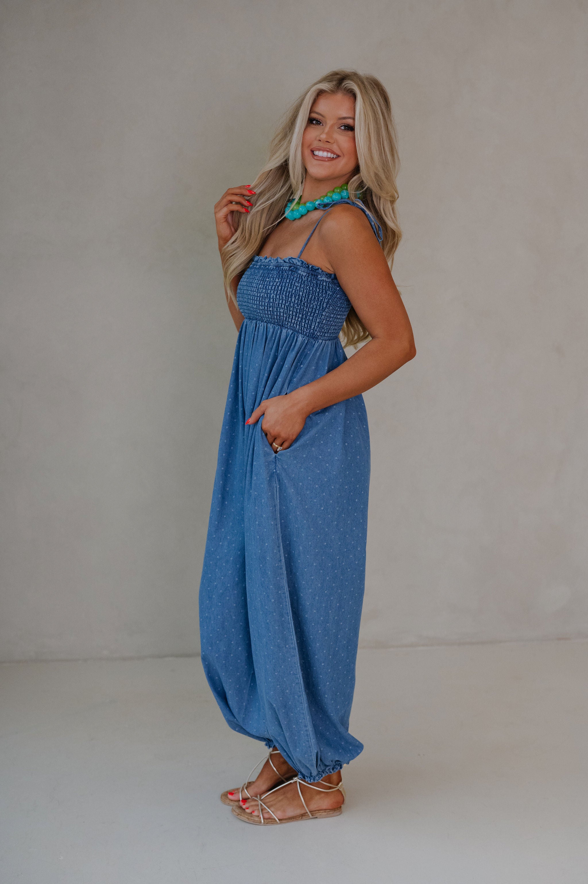 Polka Dot Smocked Jumpsuit-Denim