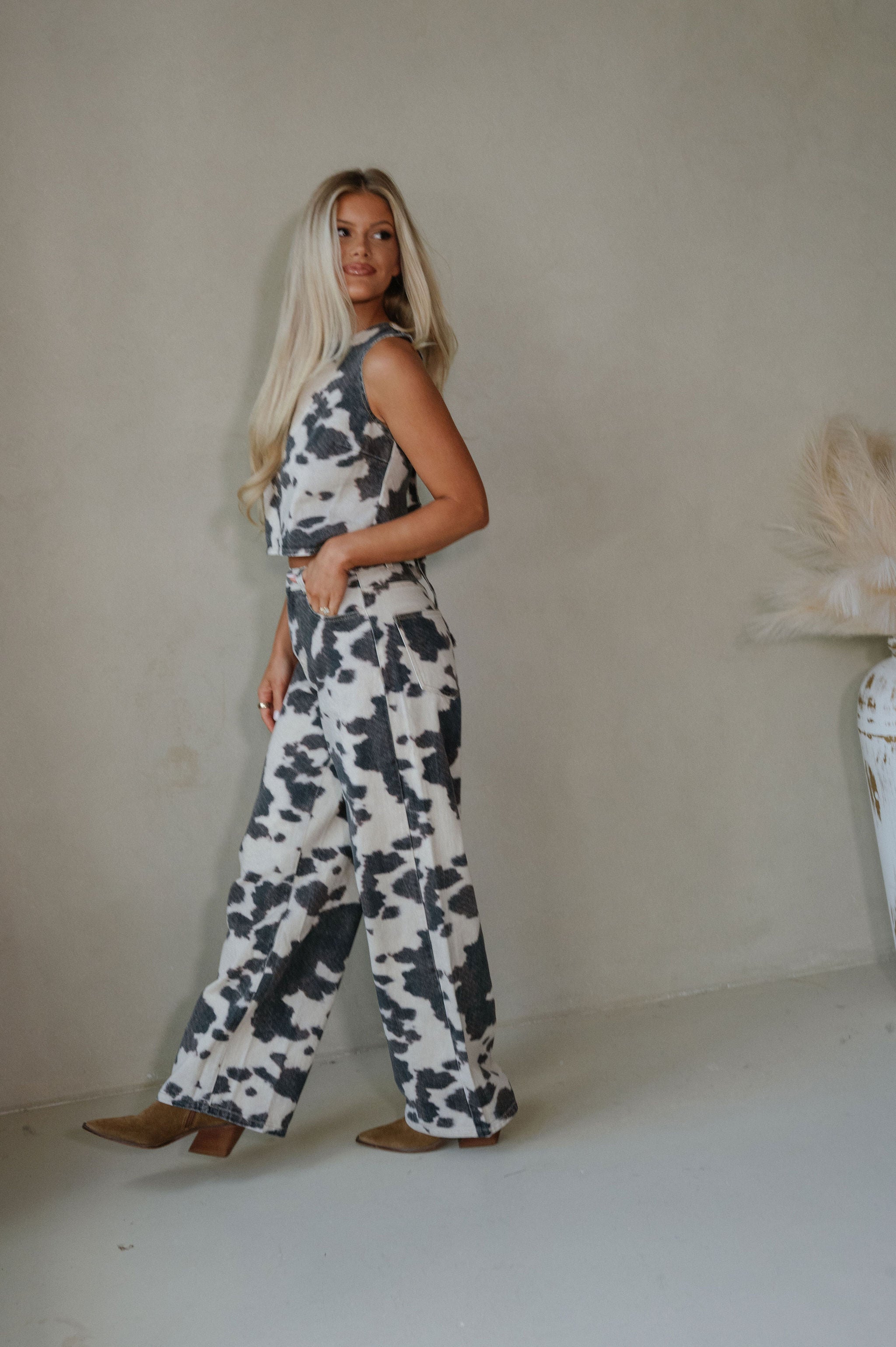 Tucker Cow Print Pants Set-Brown