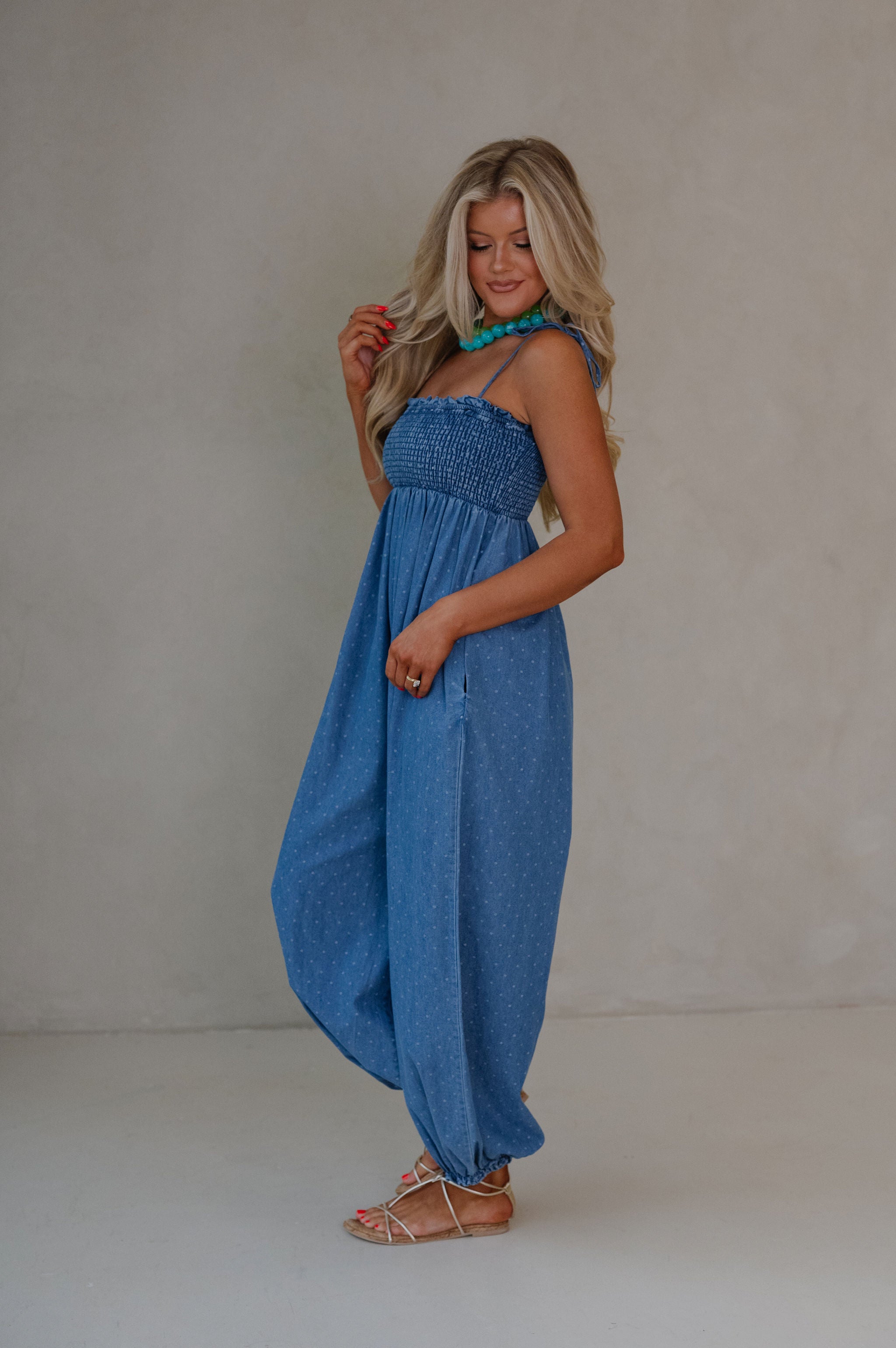 Polka Dot Smocked Jumpsuit-Denim