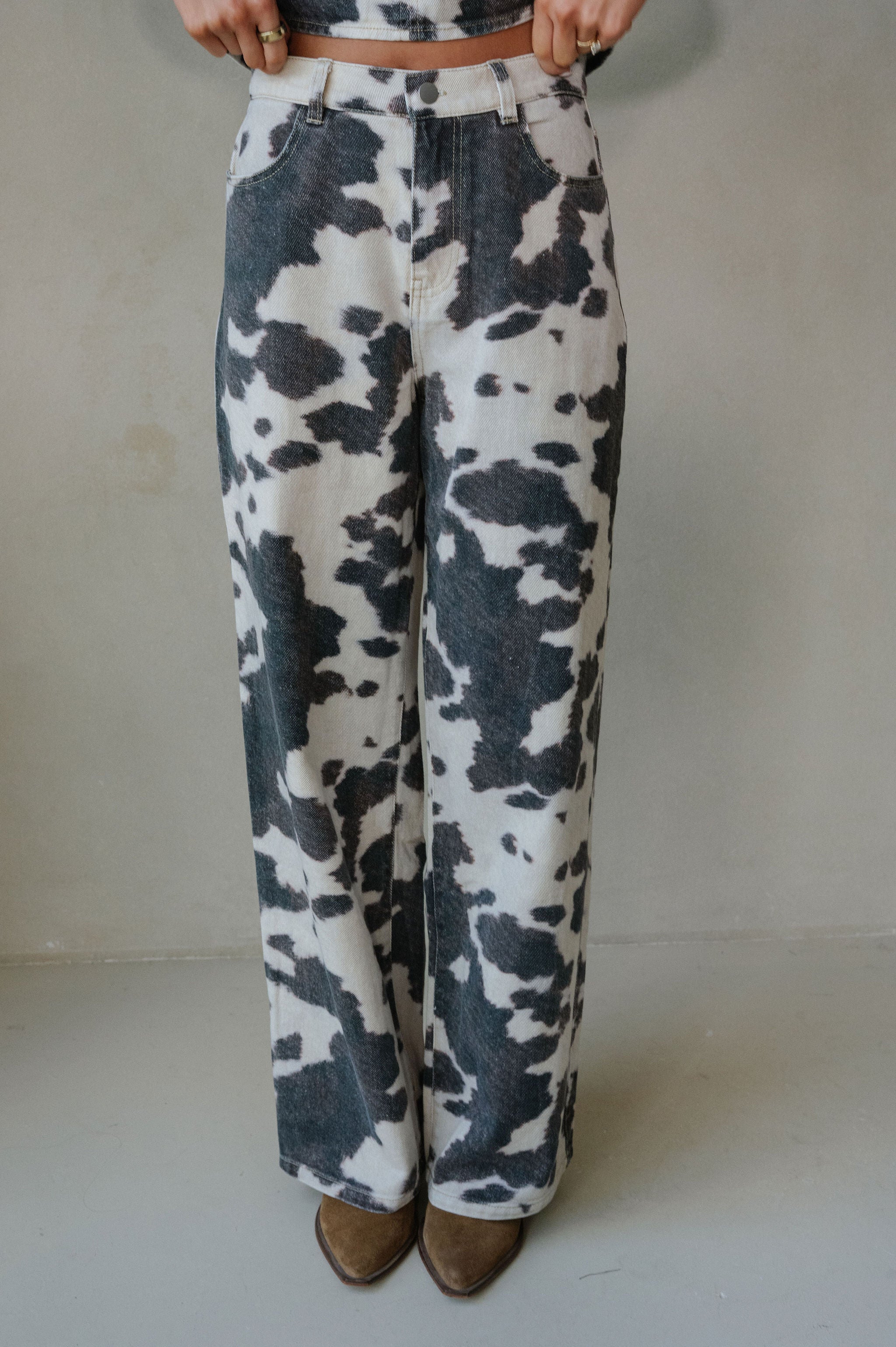 Tucker Cow Print Pants Set-Brown