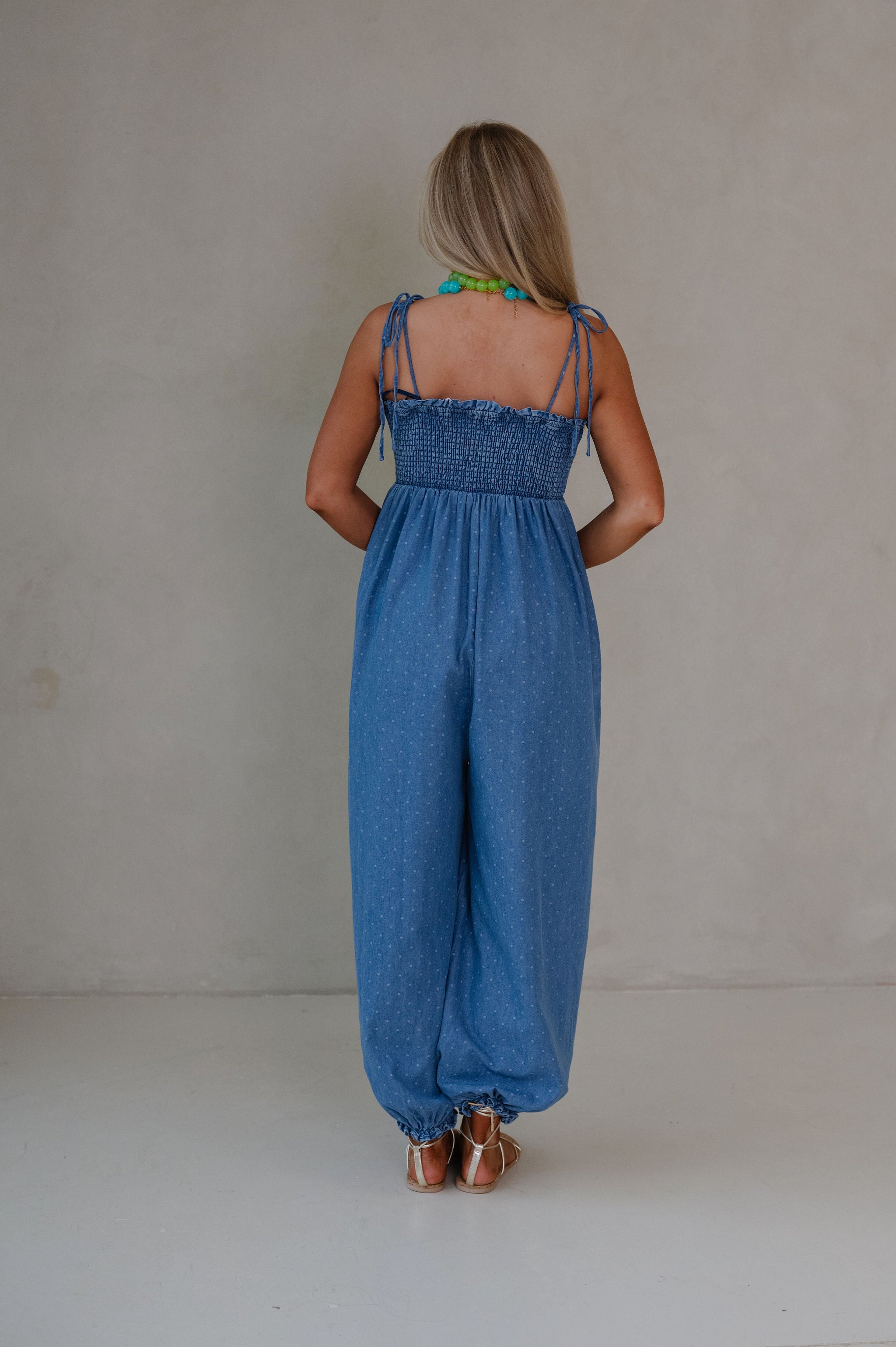 Polka Dot Smocked Jumpsuit-Denim