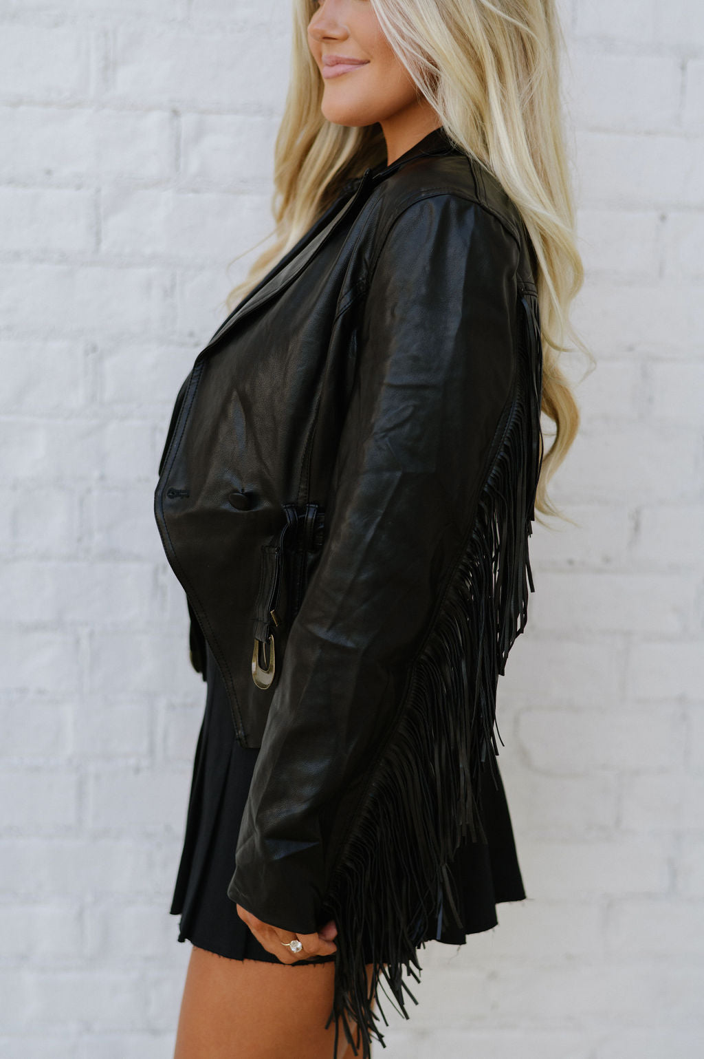 Faux Leather Fringe Jacket -Black