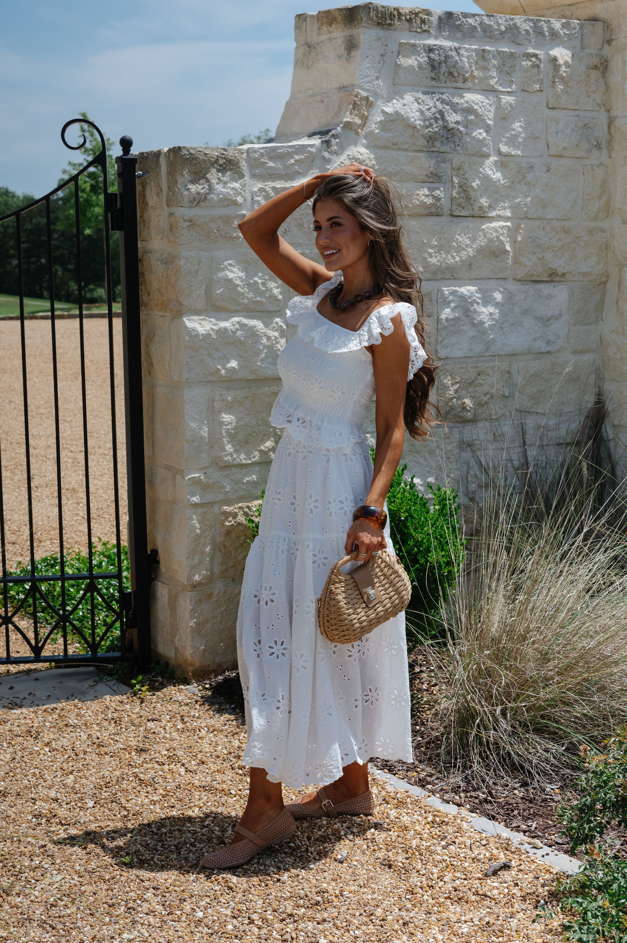 Floral Eyelet Scallop Edge Detail Set-White