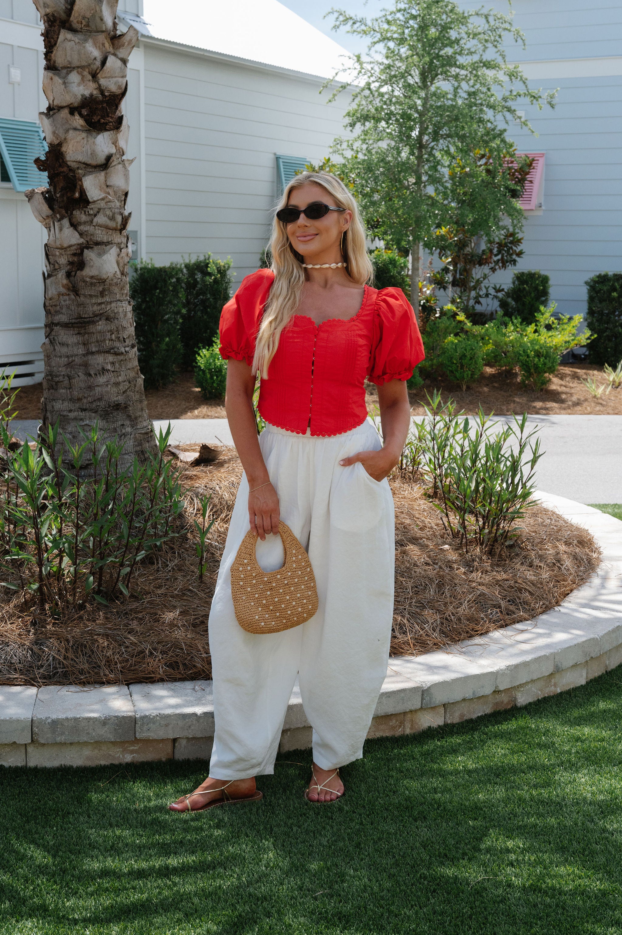 Clara Scalloped Lace Trim Top-Red