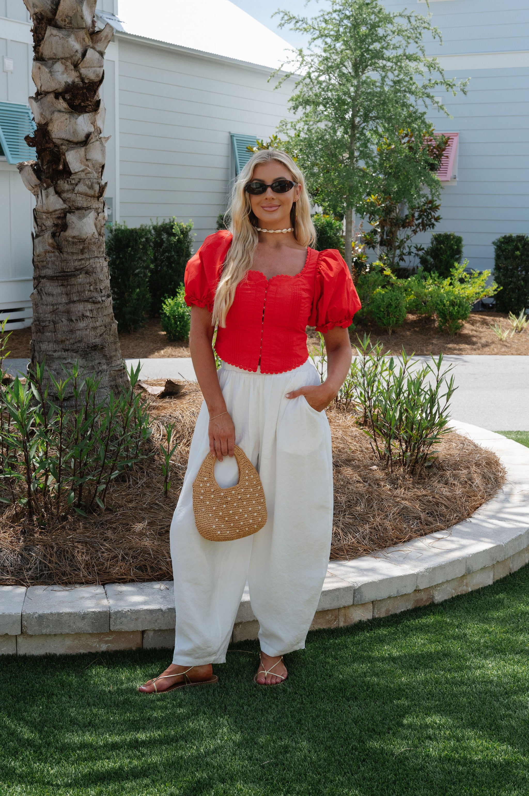 Clara Scalloped Lace Trim Top-Red