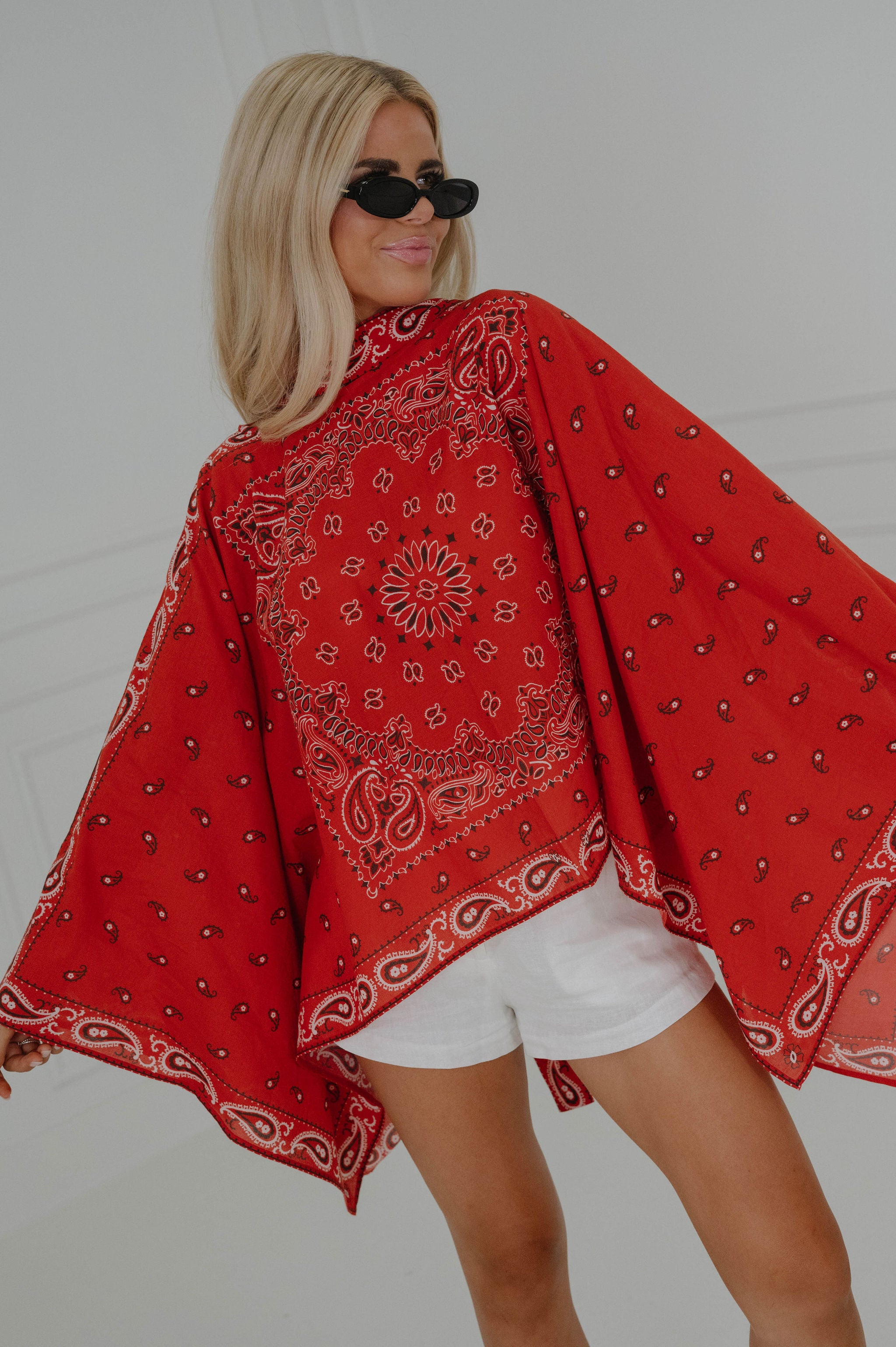 Bandana Print Poncho-Burnt Red