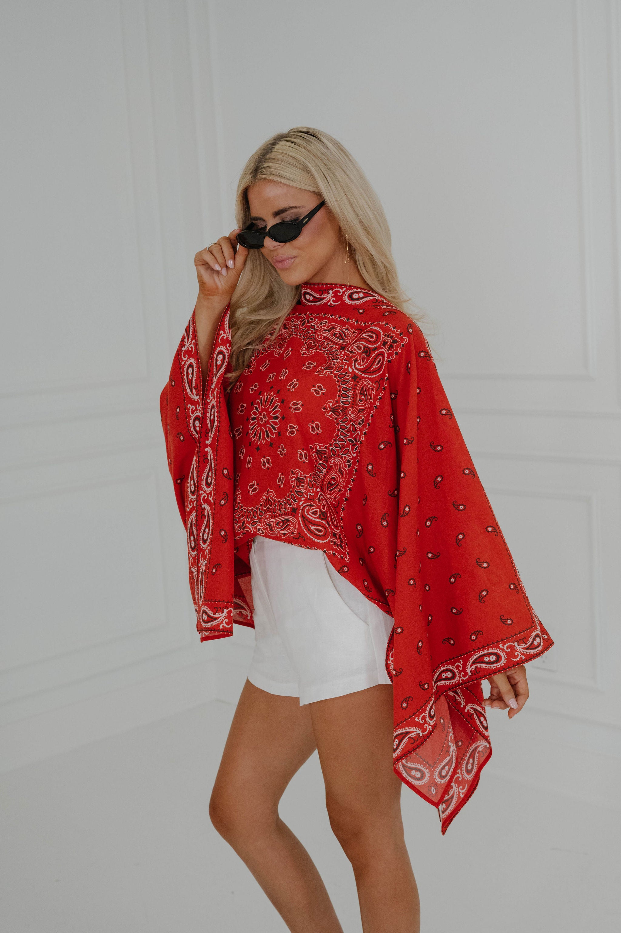 Bandana Print Poncho-Burnt Red
