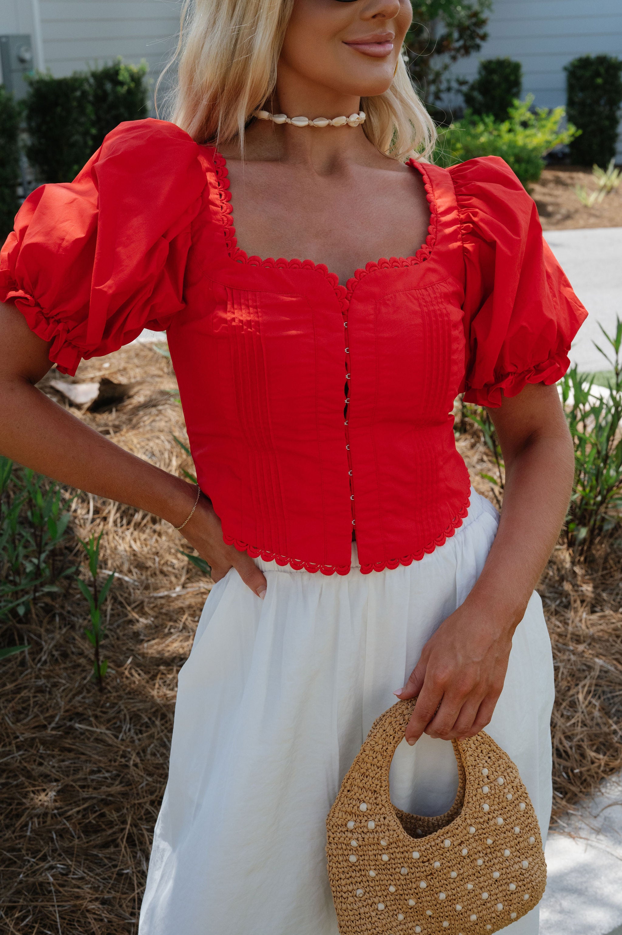 Clara Scalloped Lace Trim Top-Red