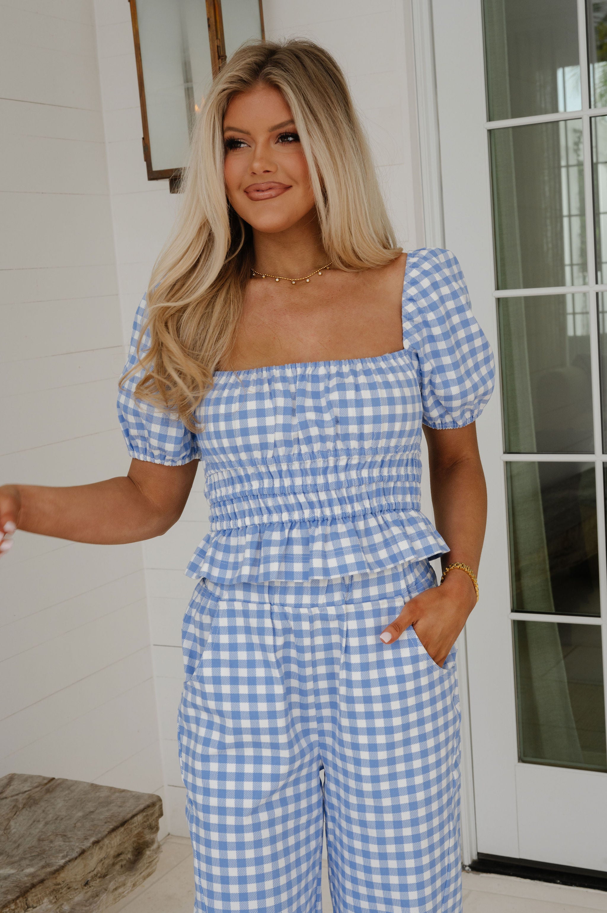 Anika Gingham Ruffle Top-Blue/White