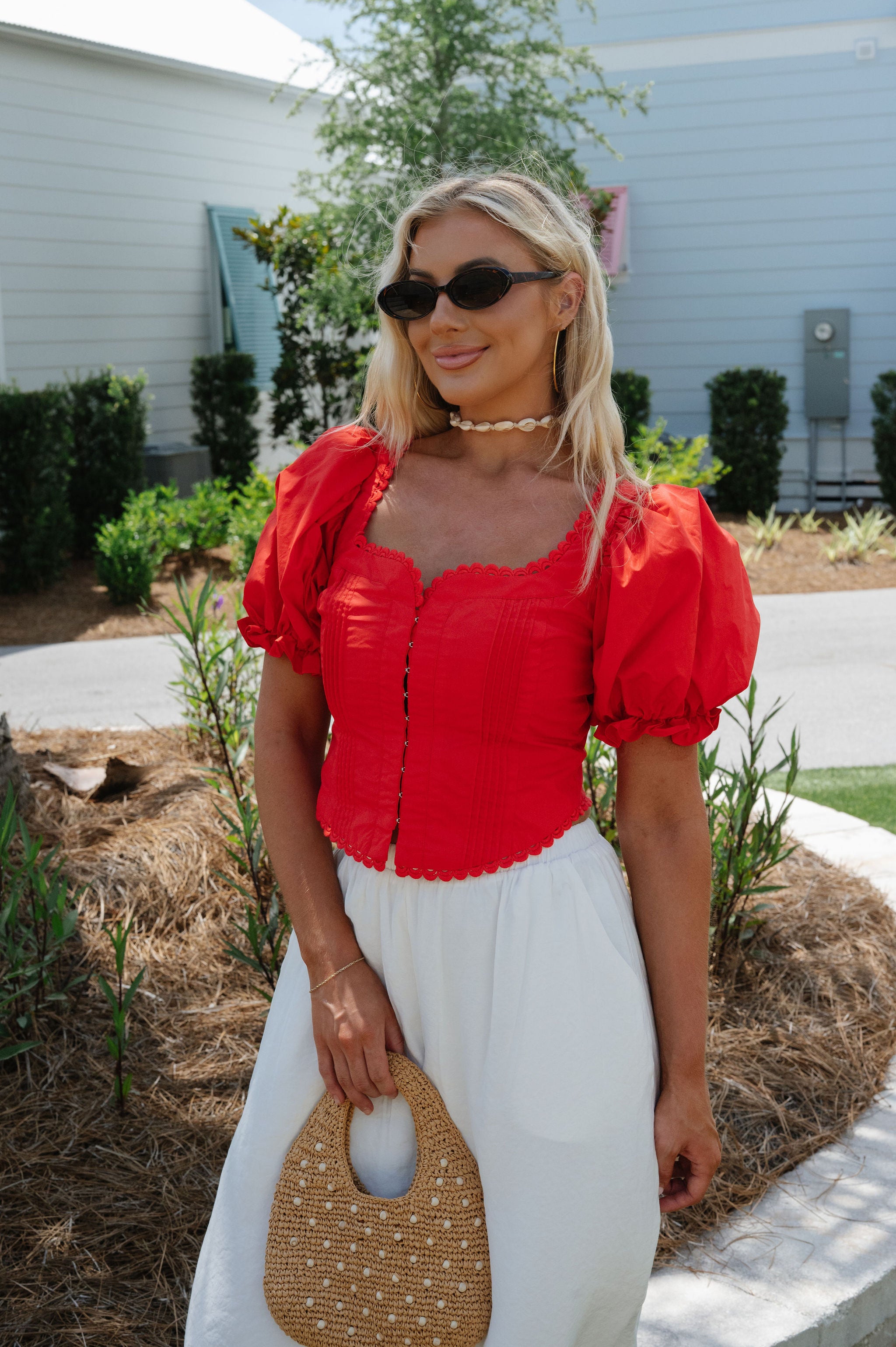 Clara Scalloped Lace Trim Top-Red