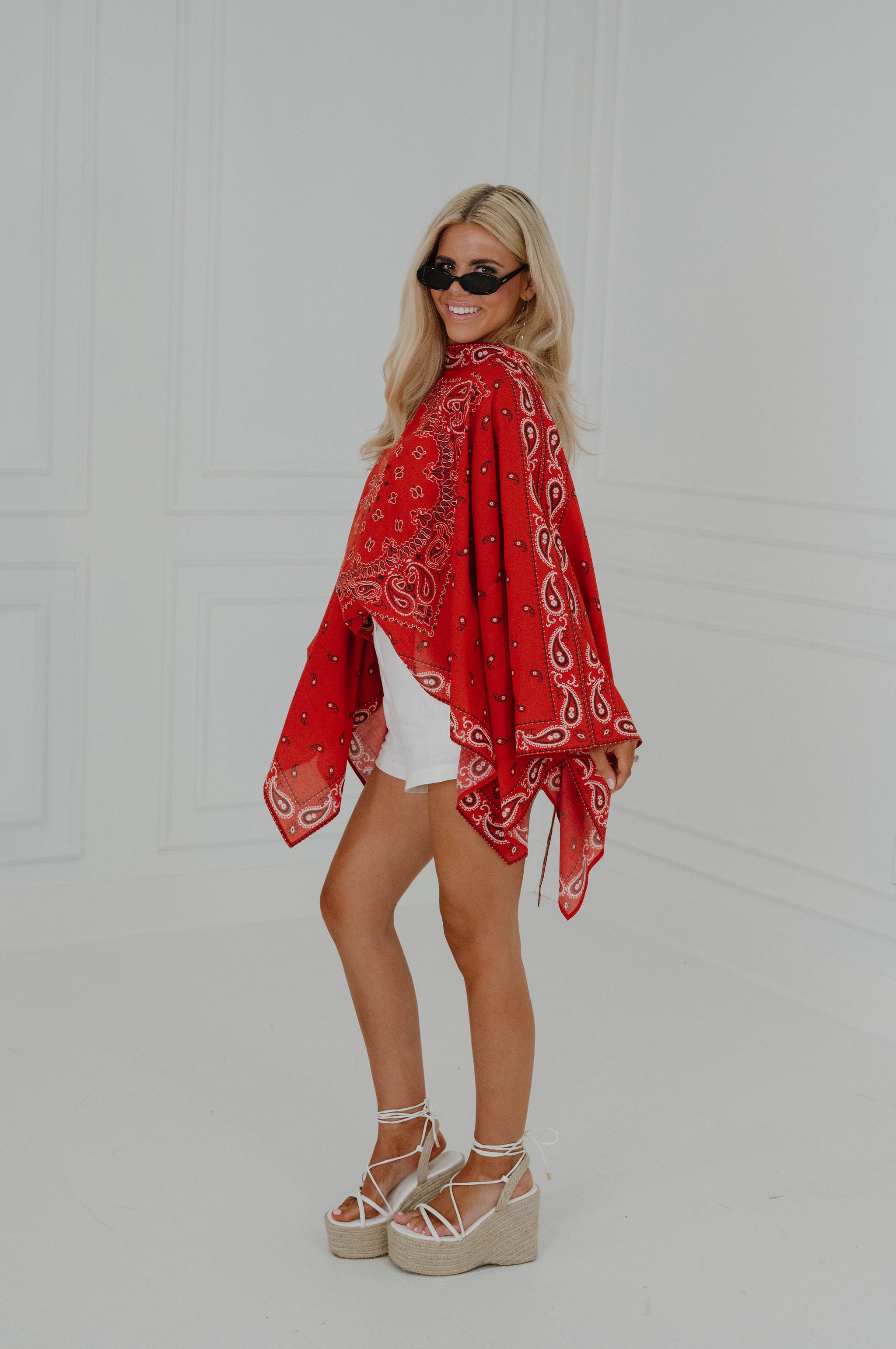 Bandana Print Poncho-Burnt Red