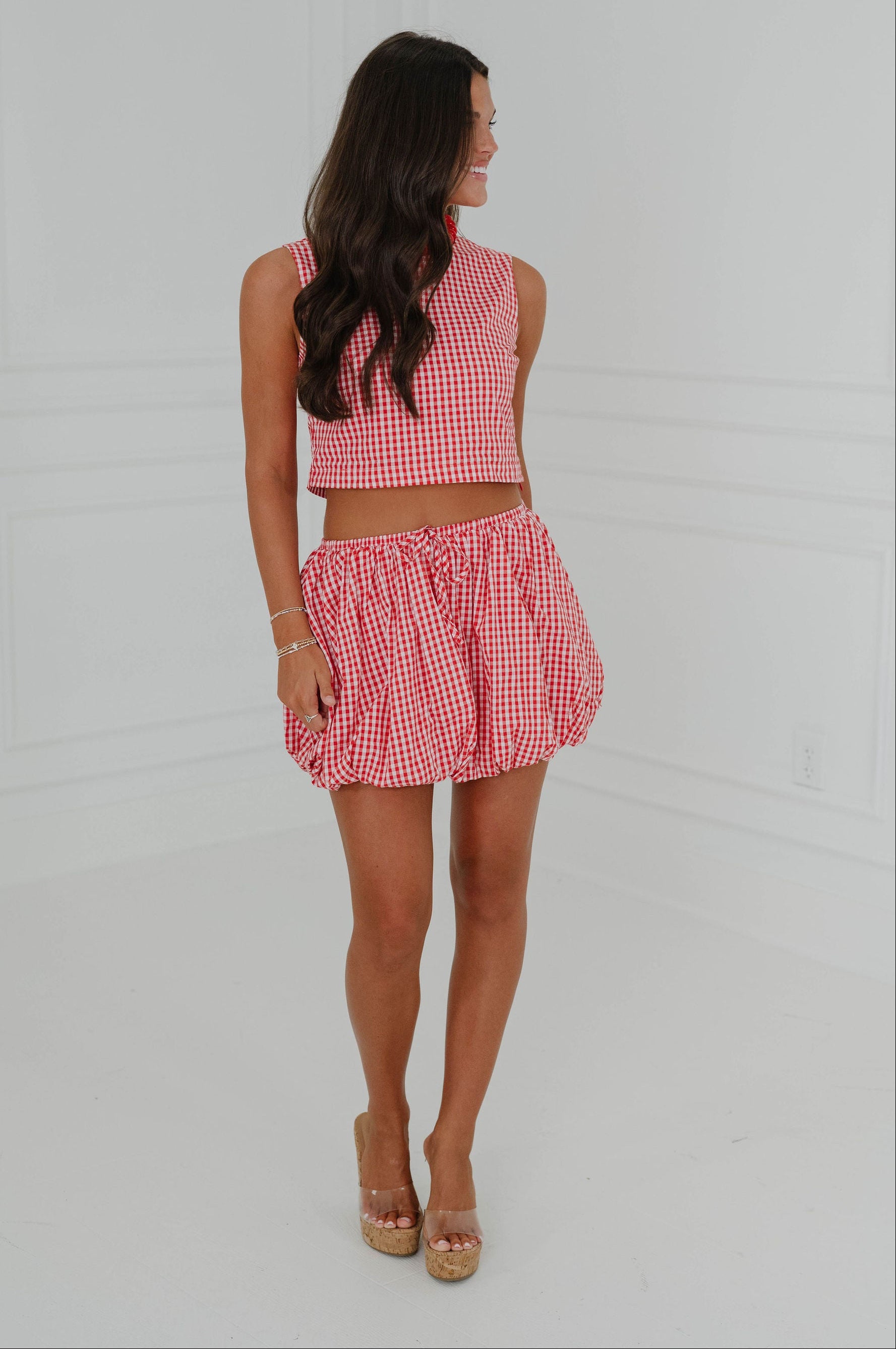 Gingham Bubble Skirt Set-Red