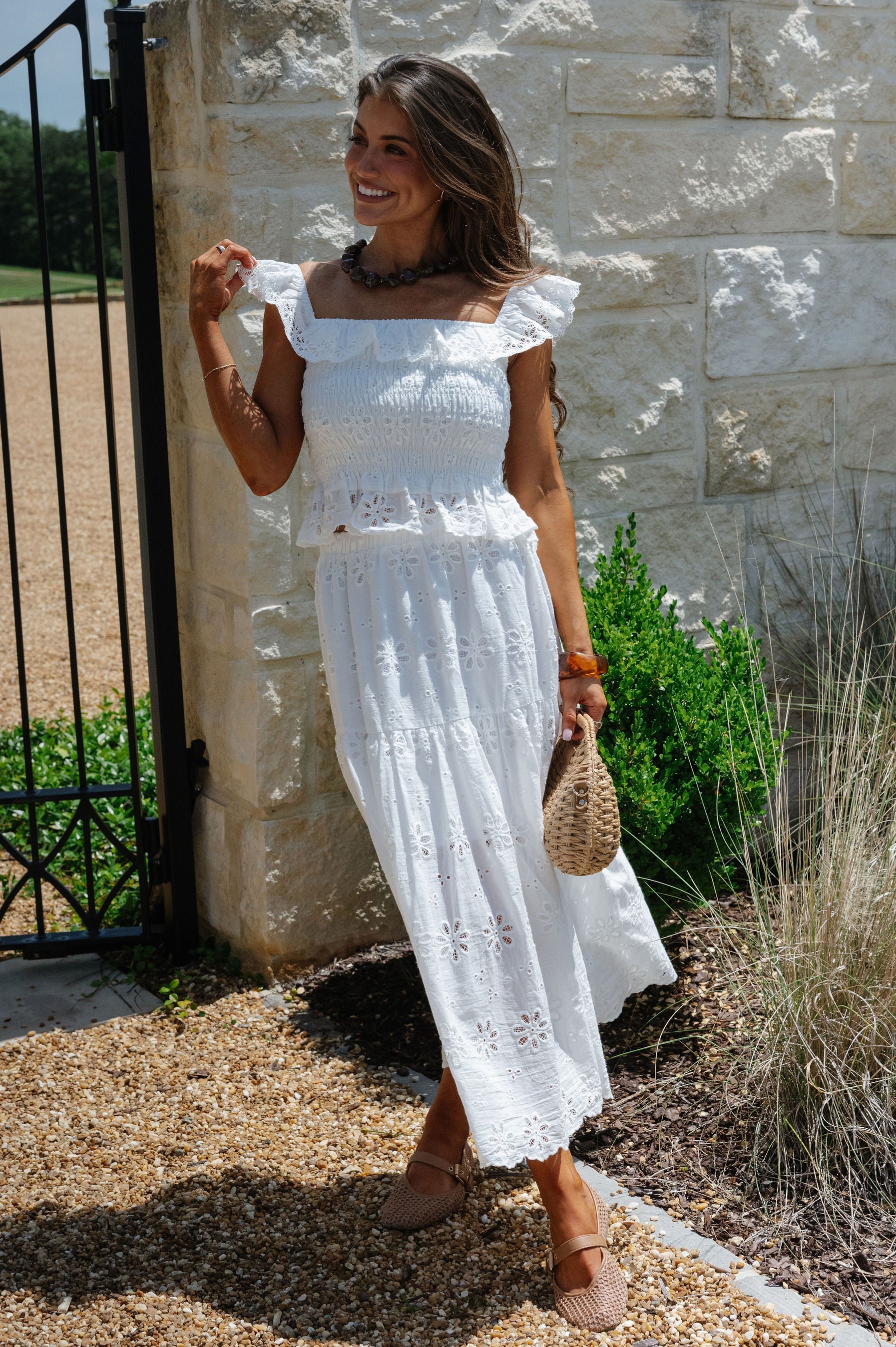 Floral Eyelet Scallop Edge Detail Set-White