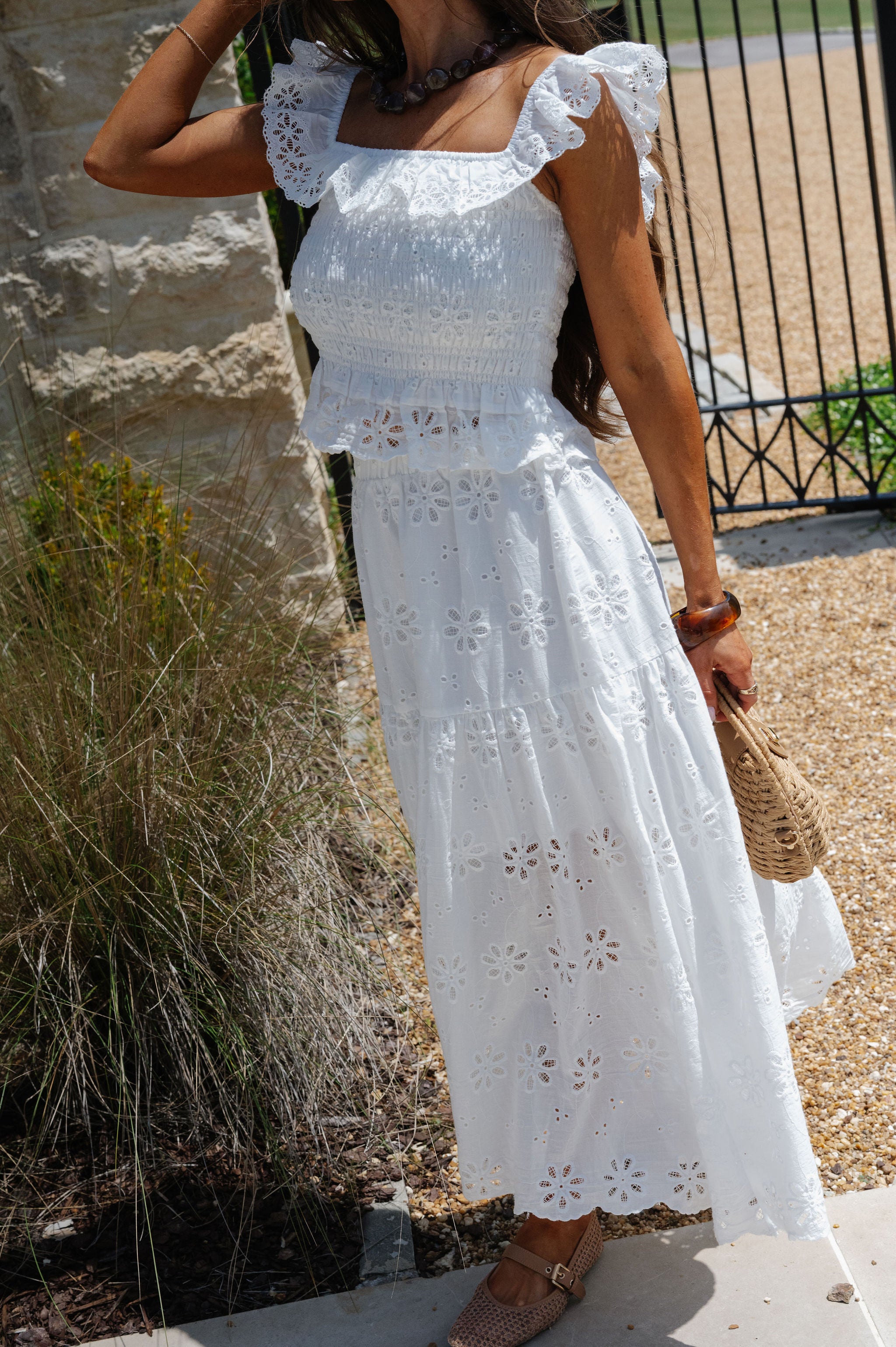Floral Eyelet Scallop Edge Detail Set-White