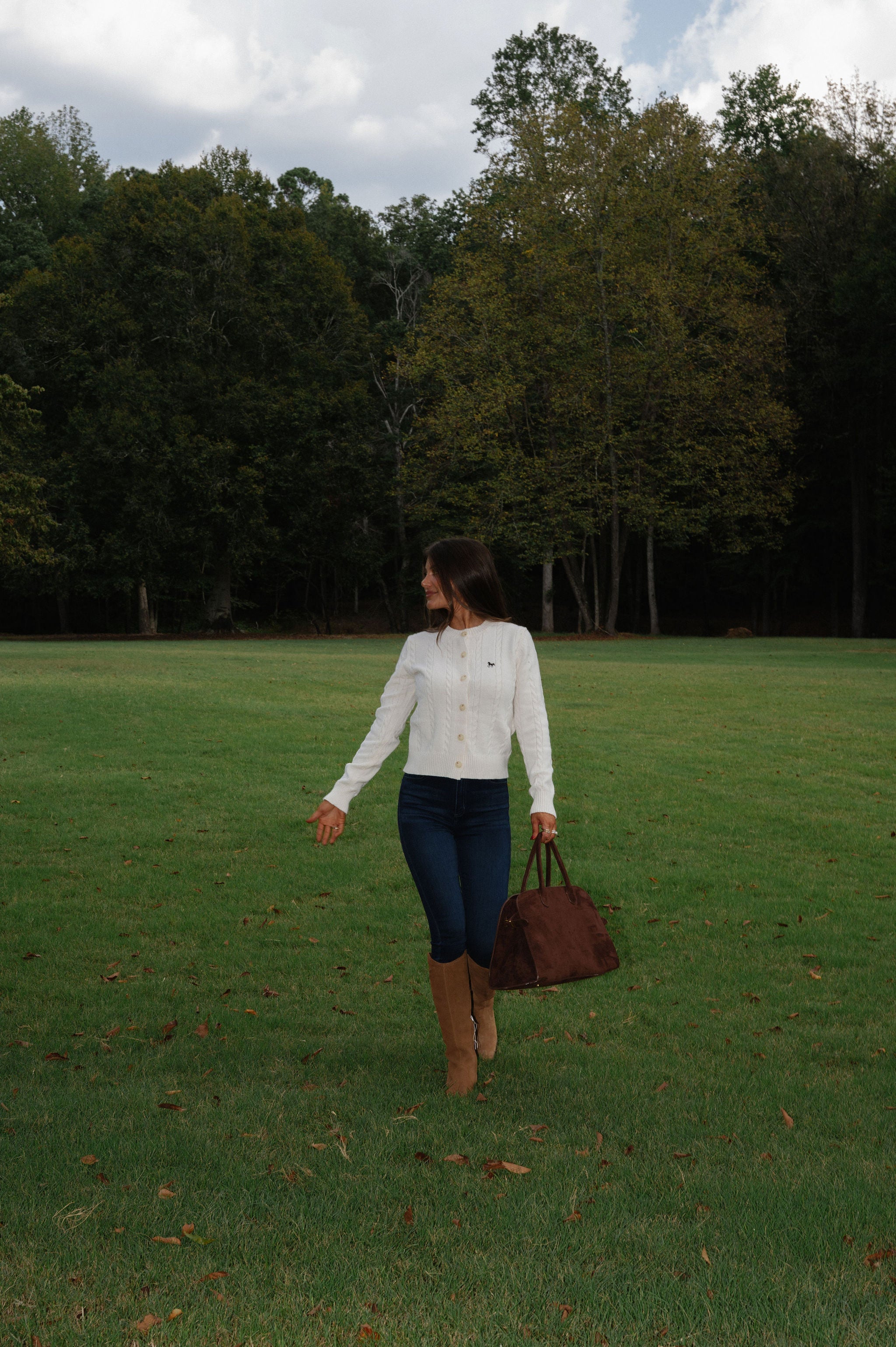 Horse Embroidery Cable Knit Cardigan-Cream