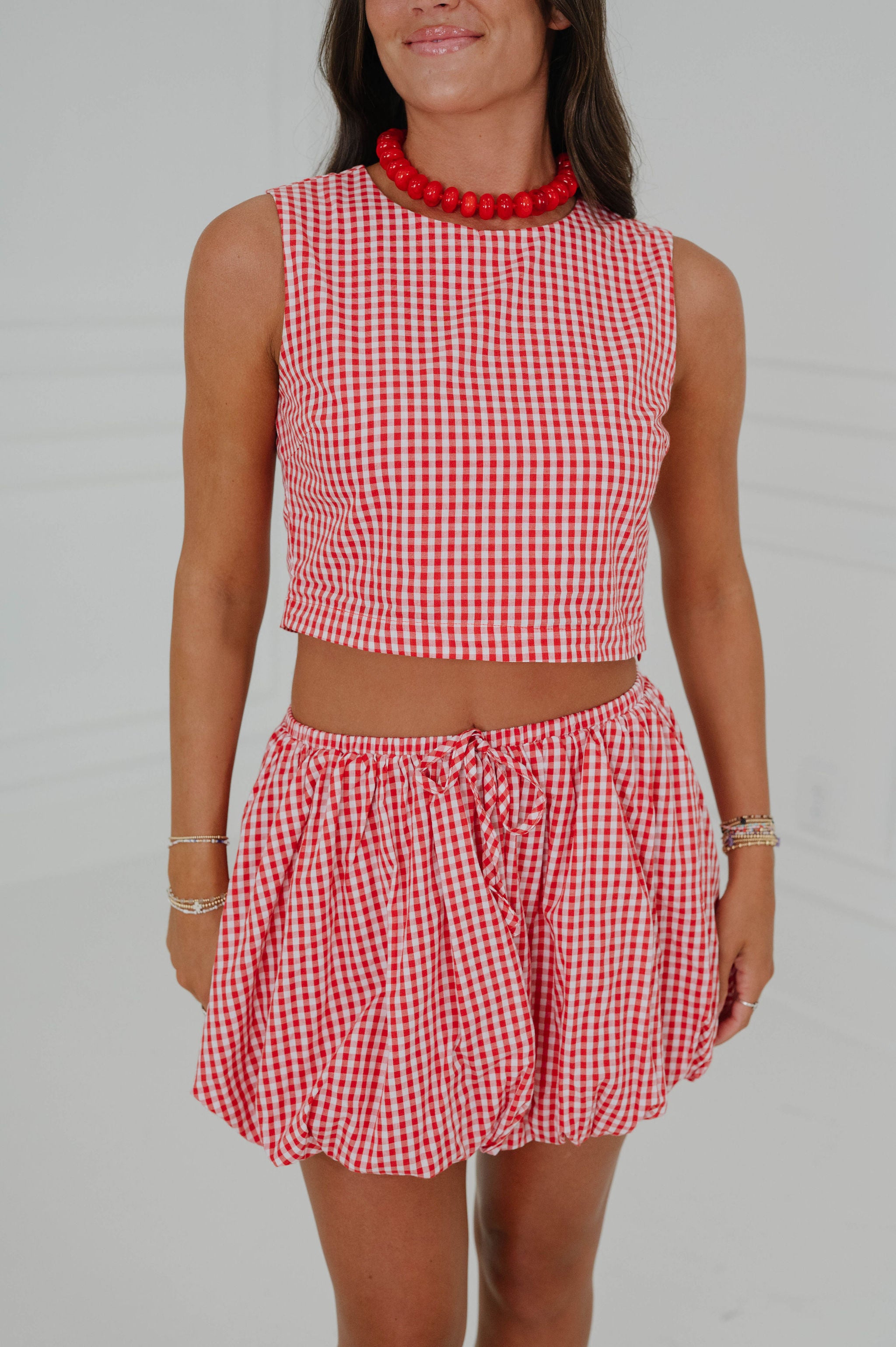 Gingham Bubble Skirt Set-Red