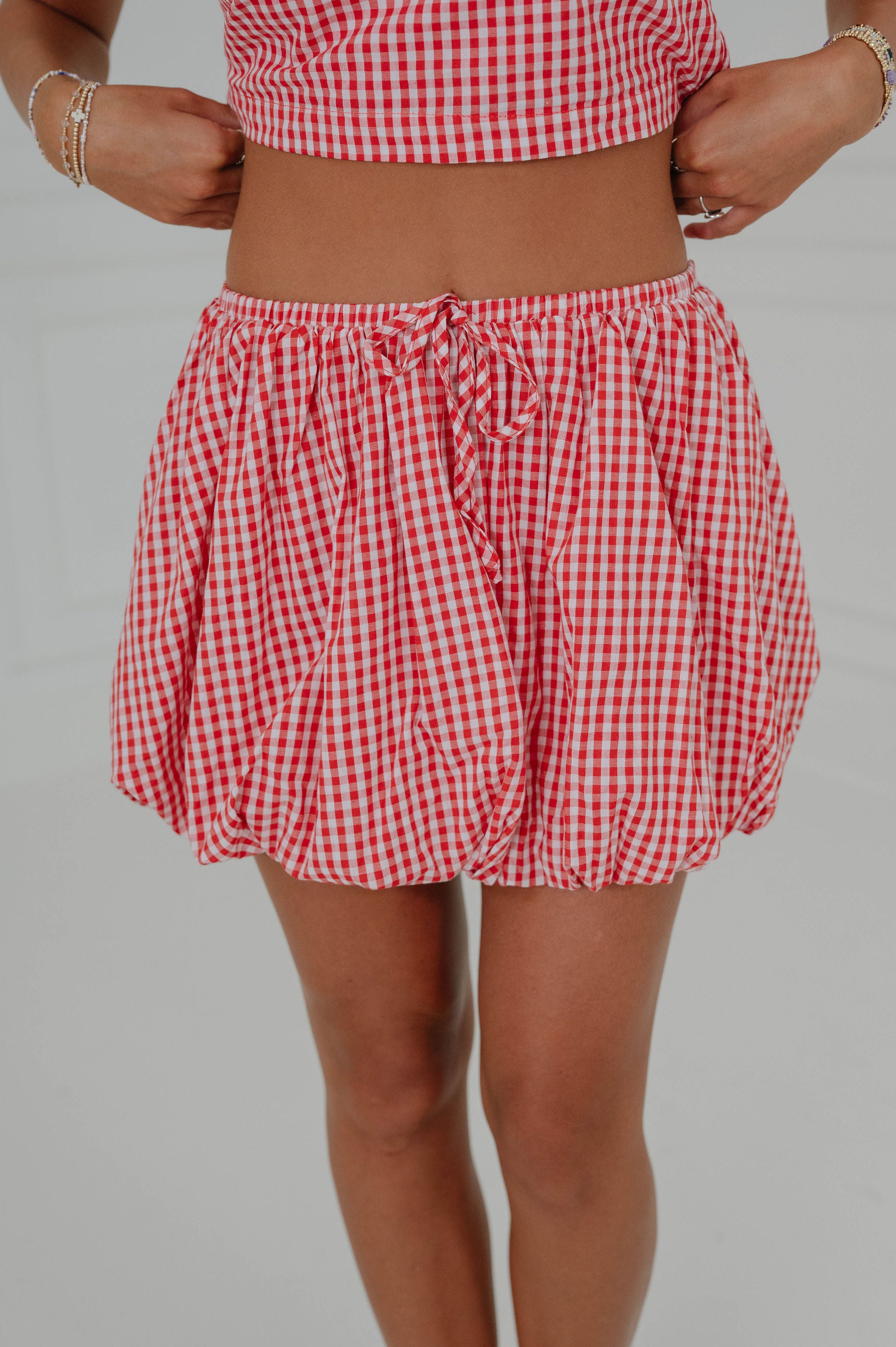Gingham Bubble Skirt Set-Red