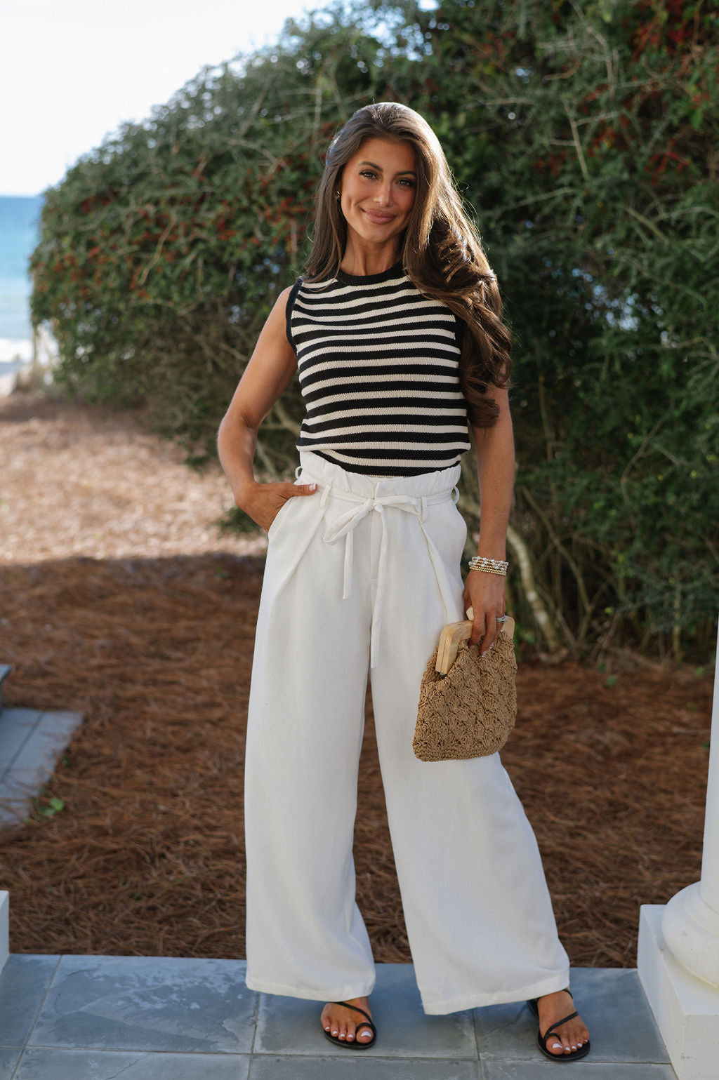 Pintuck Wide Leg Pants-Ivory