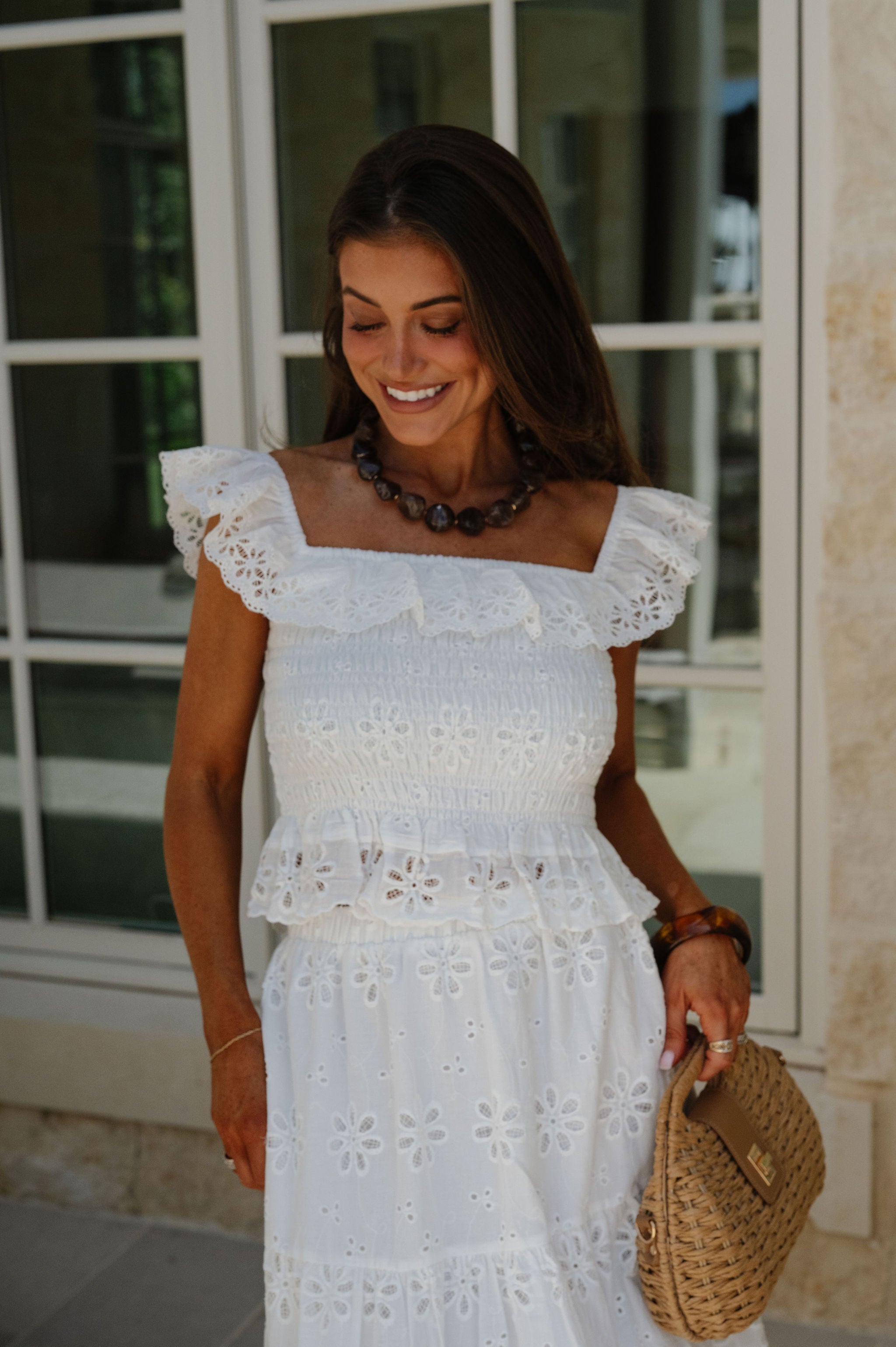 Floral Eyelet Scallop Edge Detail Set-White