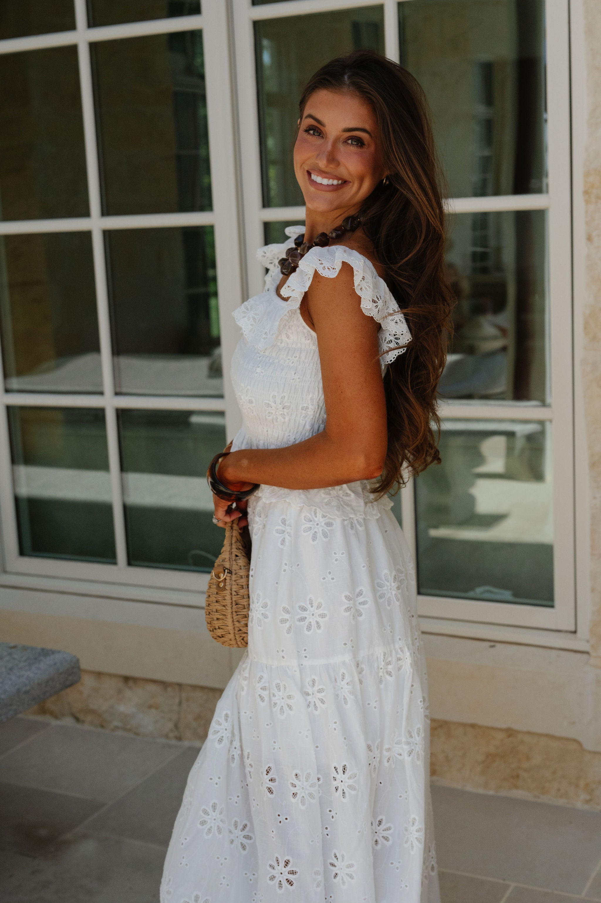 Floral Eyelet Scallop Edge Detail Set-White