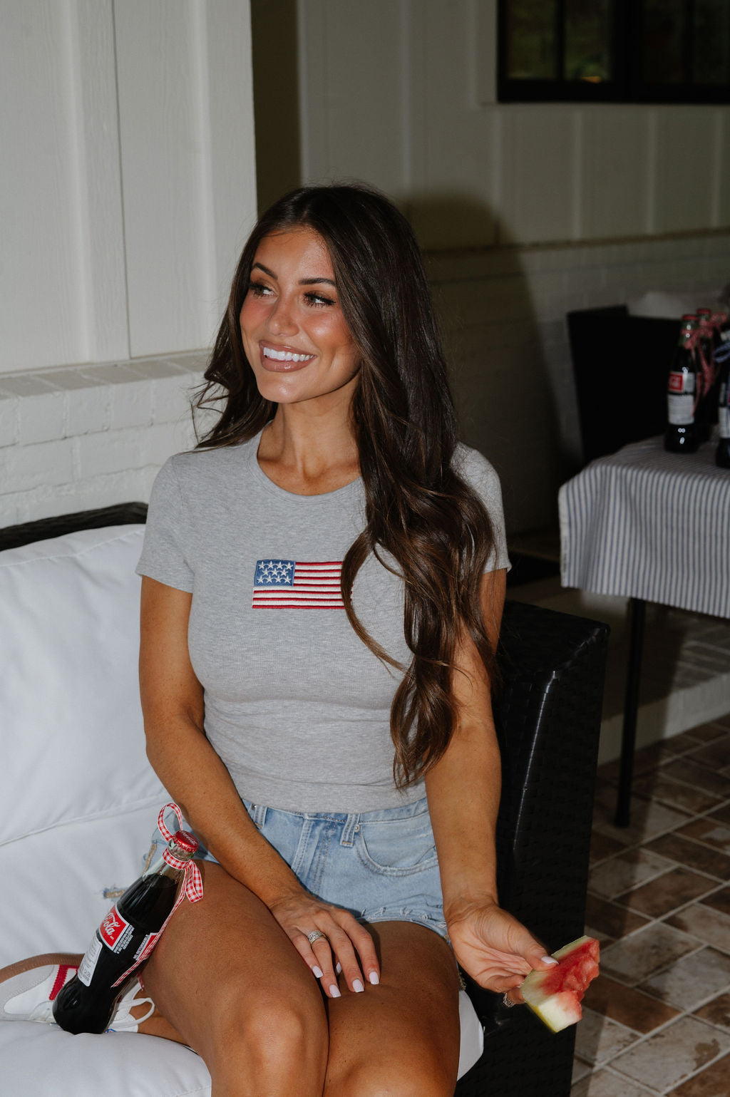 American Flag Baby Tee-Heather Grey