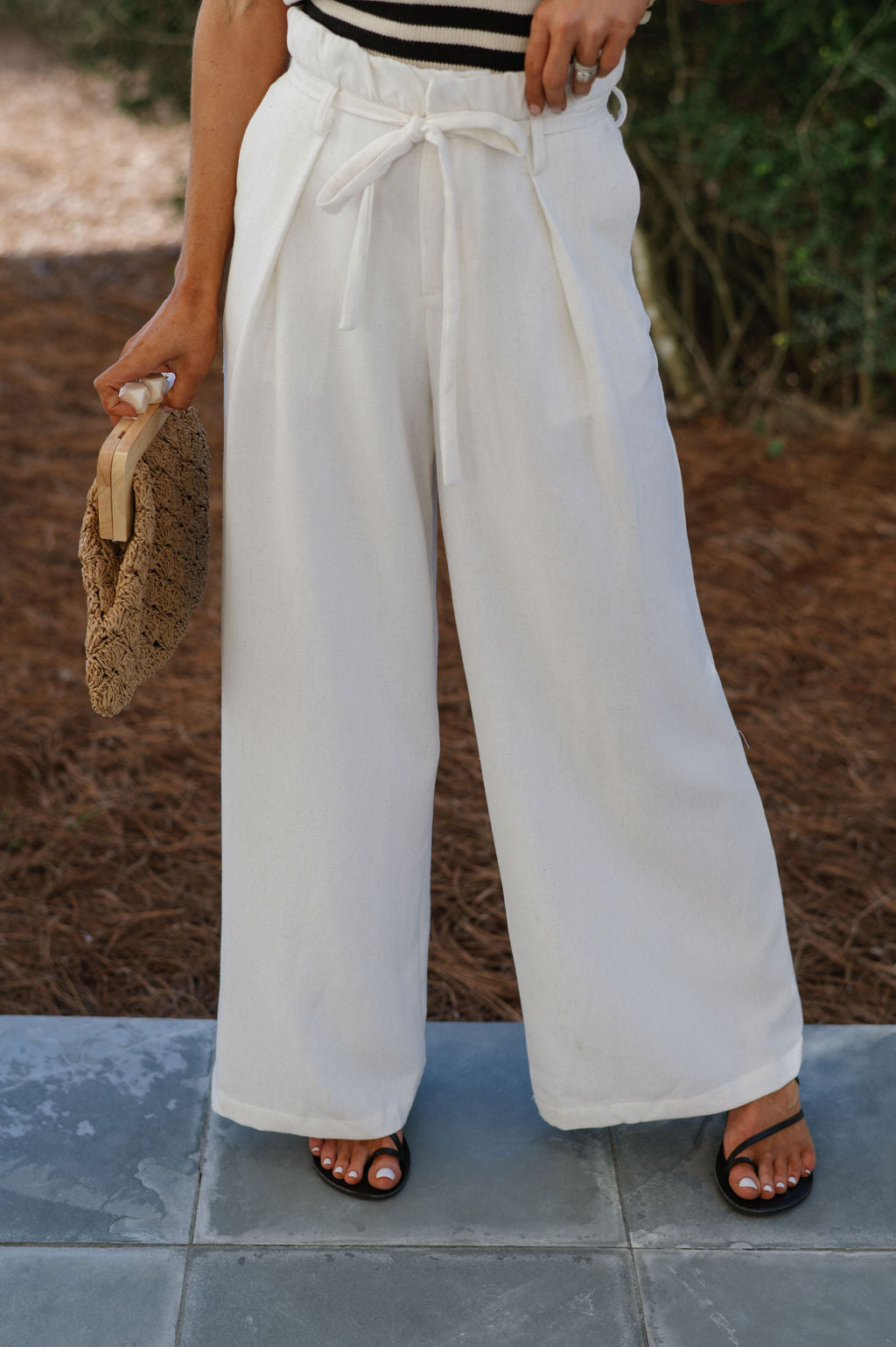 Pintuck Wide Leg Pants-Ivory