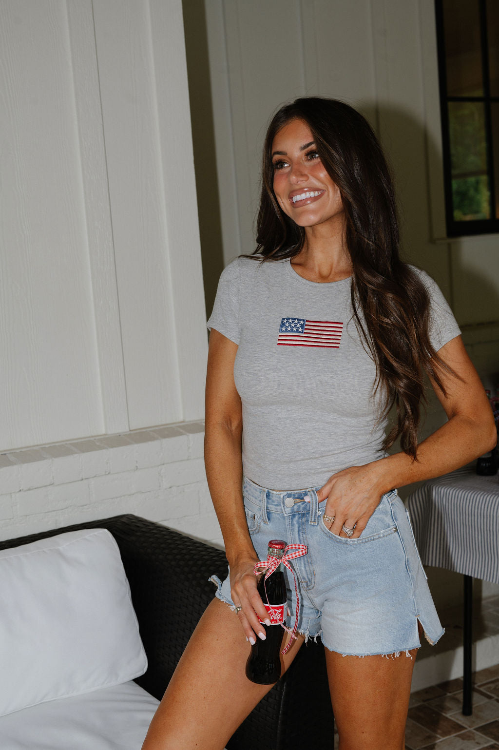 American Flag Baby Tee-Heather Grey