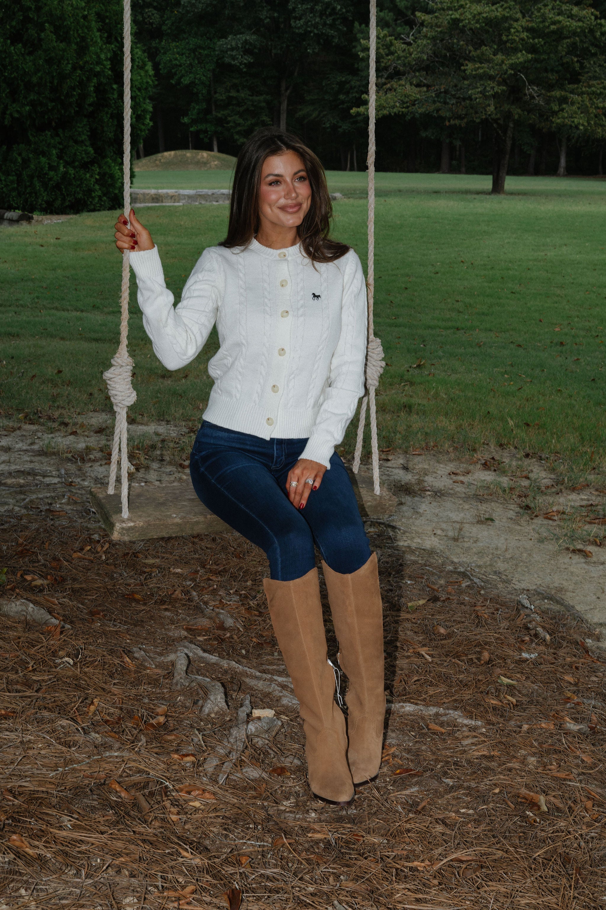 Horse Embroidery Cable Knit Cardigan-Cream