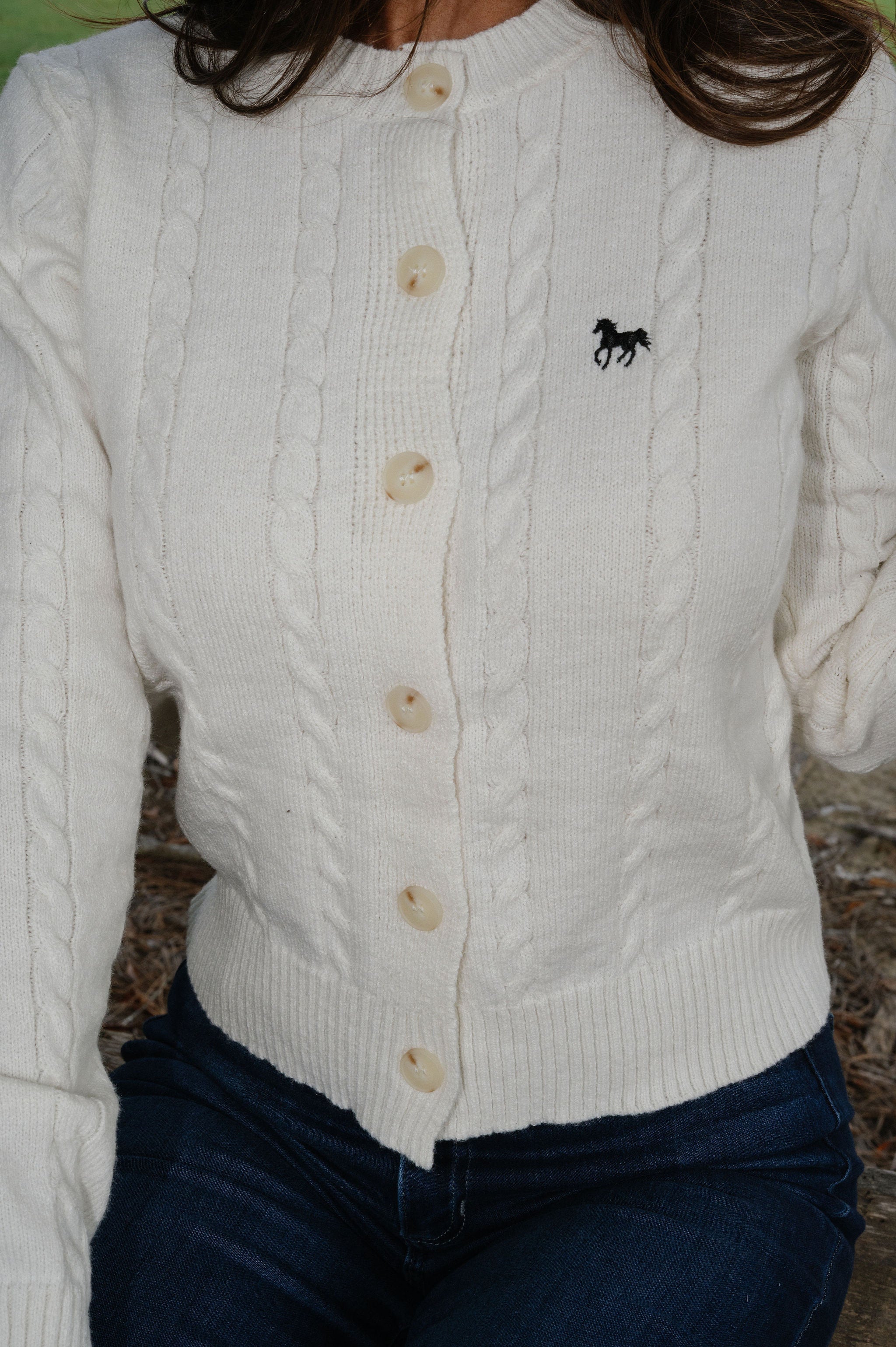 Horse Embroidery Cable Knit Cardigan-Cream