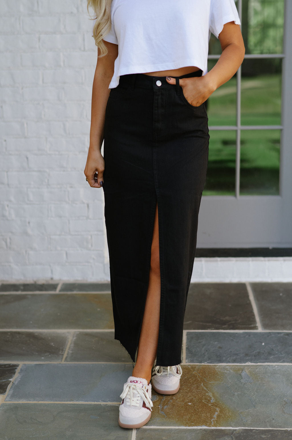 High Waisted Denim Maxi Skirt-Black