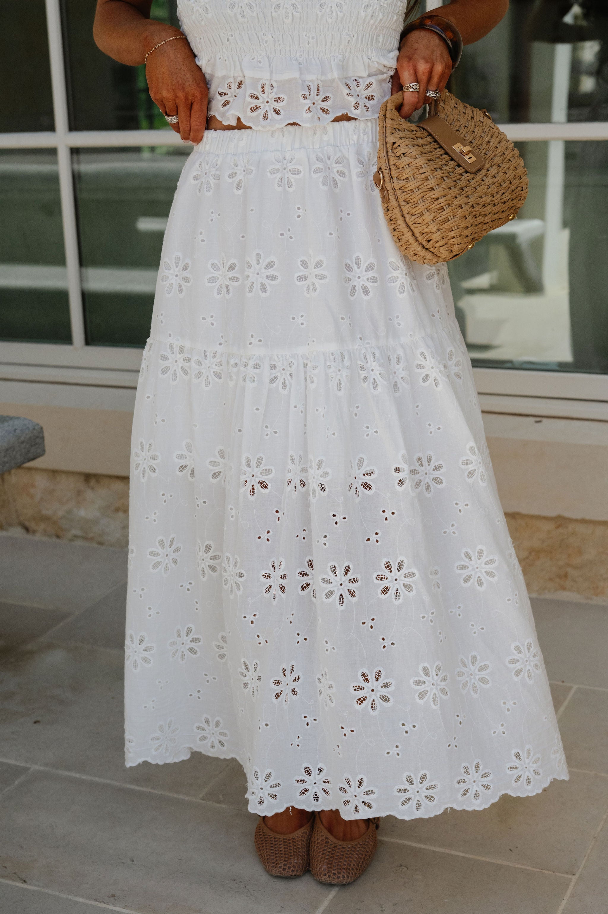 Floral Eyelet Scallop Edge Detail Set-White