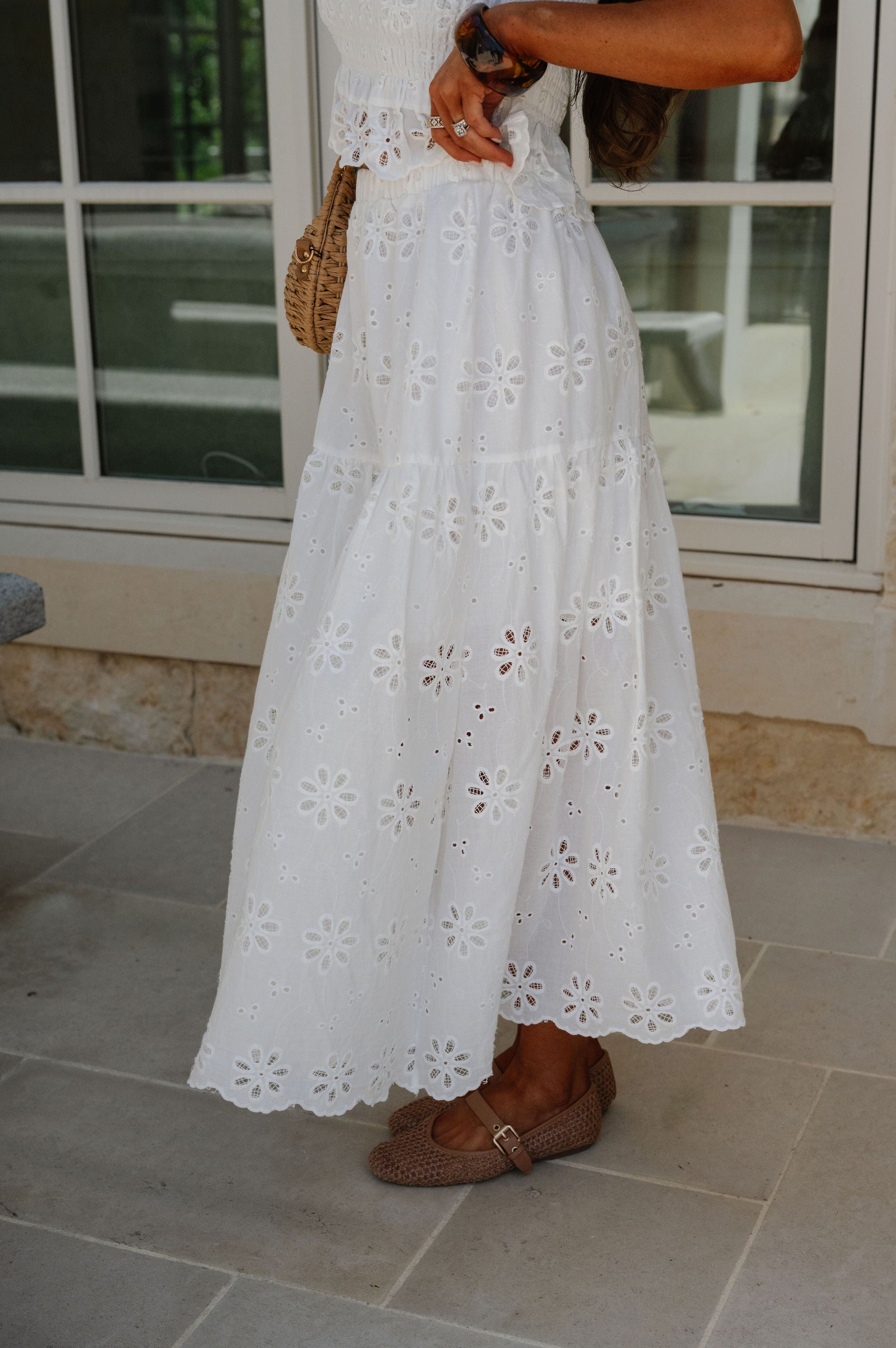 Floral Eyelet Scallop Edge Detail Set-White