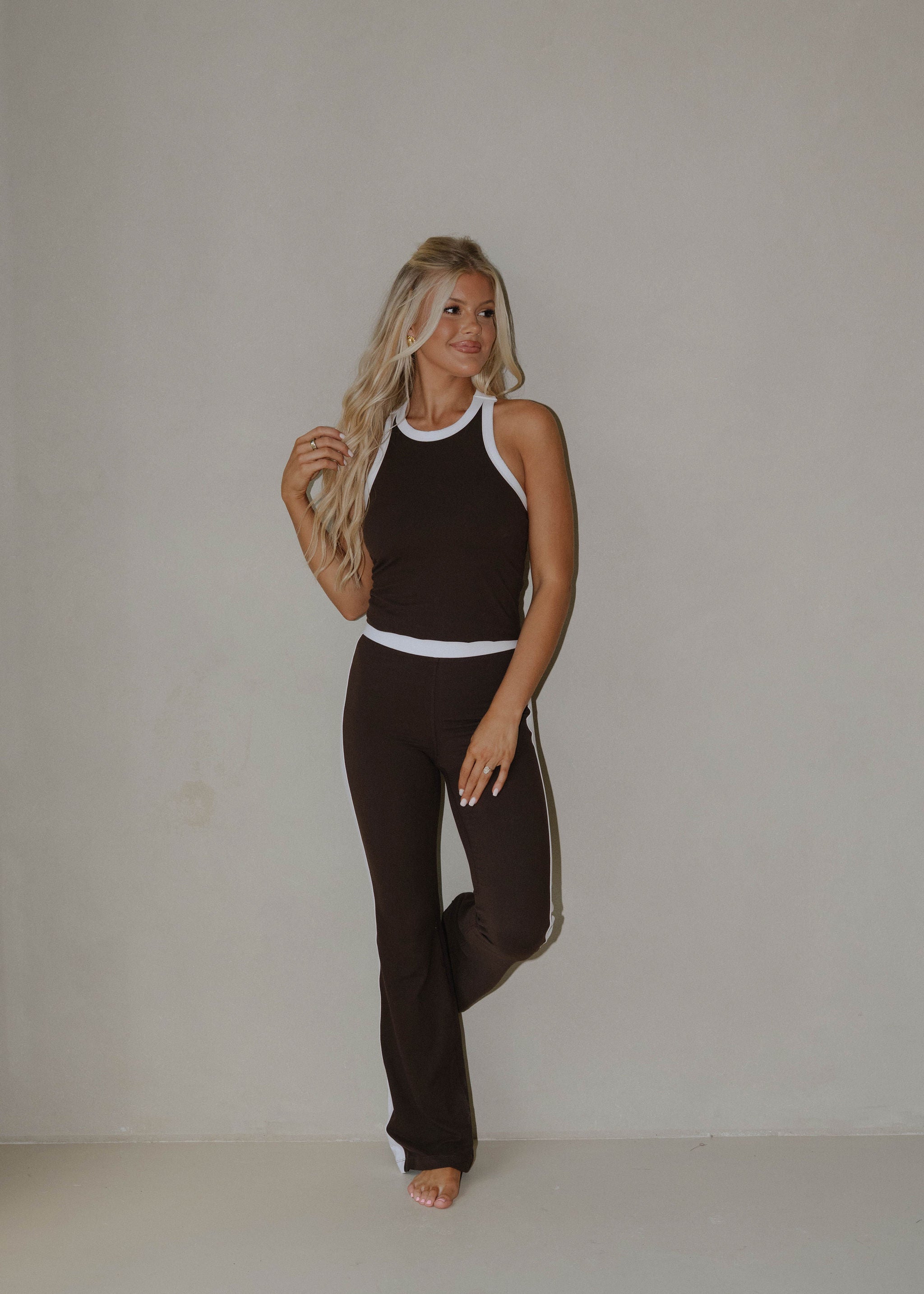 Buttersoft Flare Pants Set-Espresso/White
