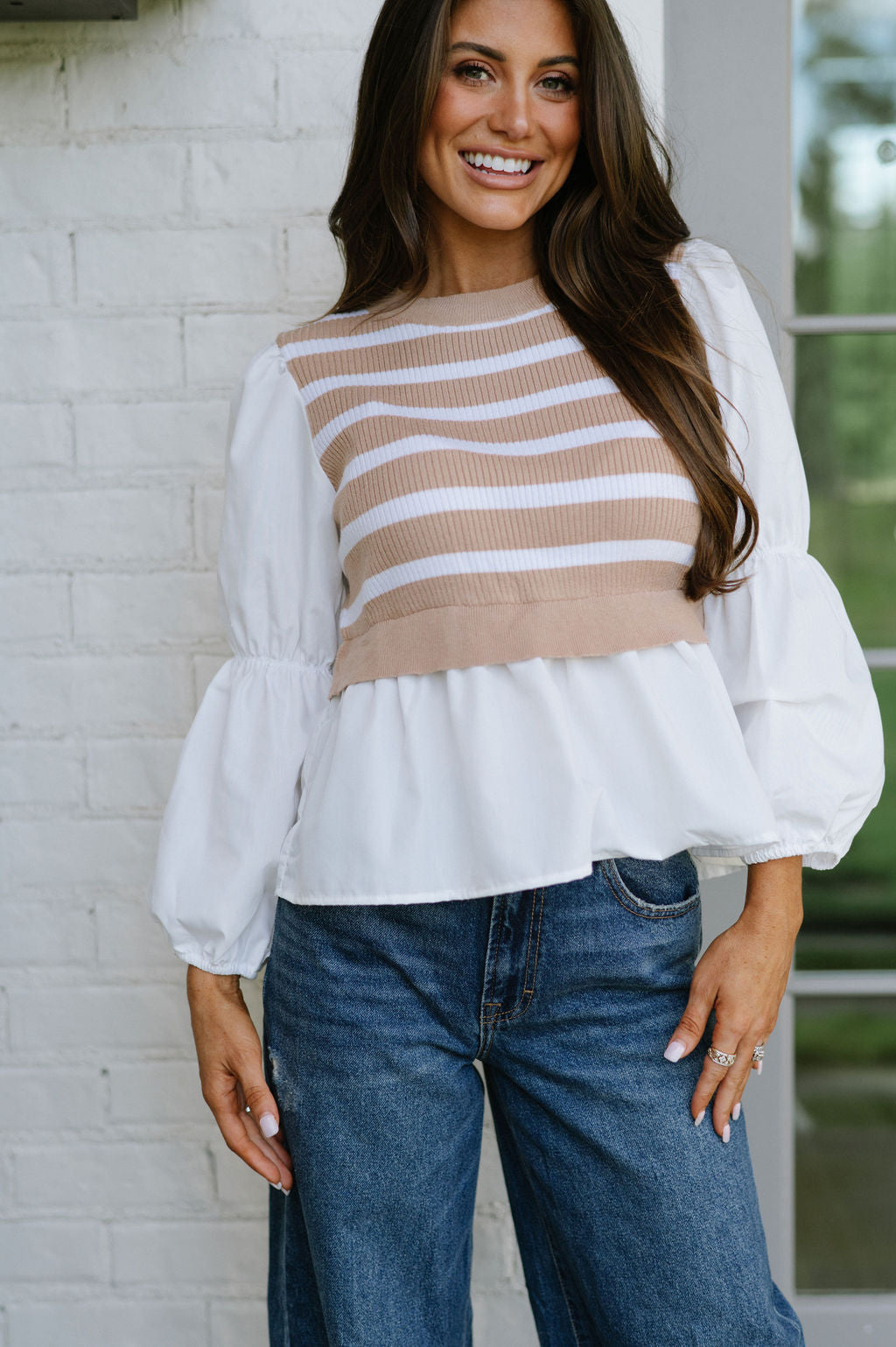 Scarlett Poplin Top-Tan/White