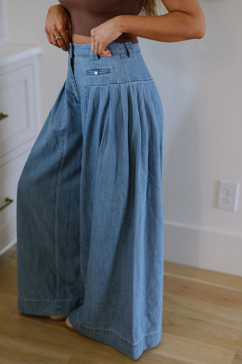 Pleated High Waisted Pants-Medium Wash