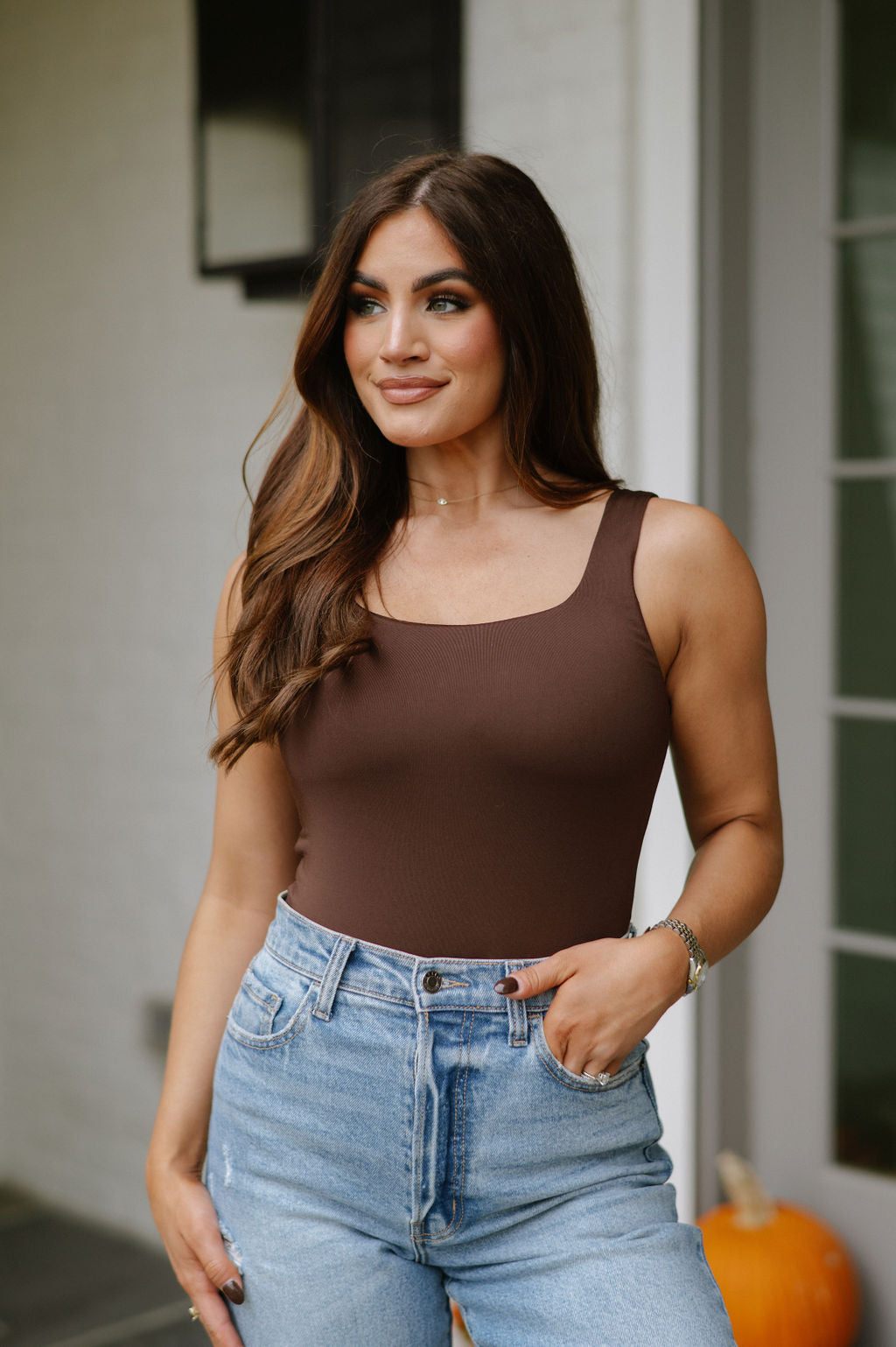 Candace Square Neck Bodysuit-Brown